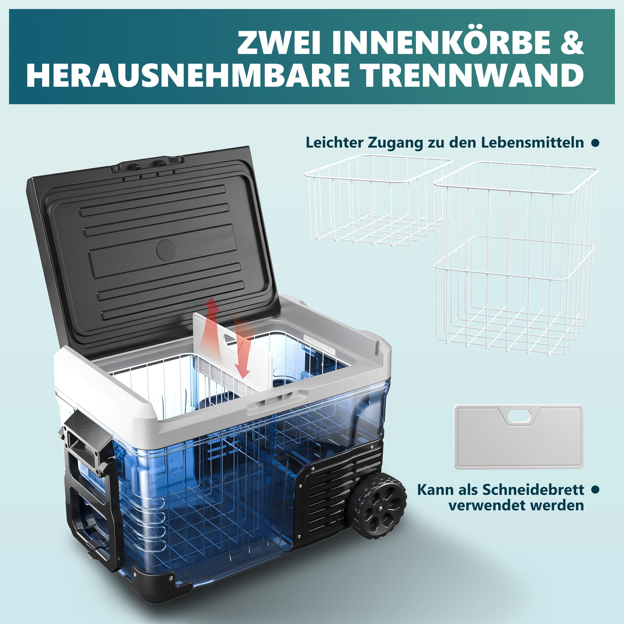 EUHOMY Kühlbox 50L Autokühlschrank, Tragbarer Gefrierschrank mit Rädern, 50 l, Campingkühlschrank mit App-Steuerung,für Camping, Reisen, Angeln