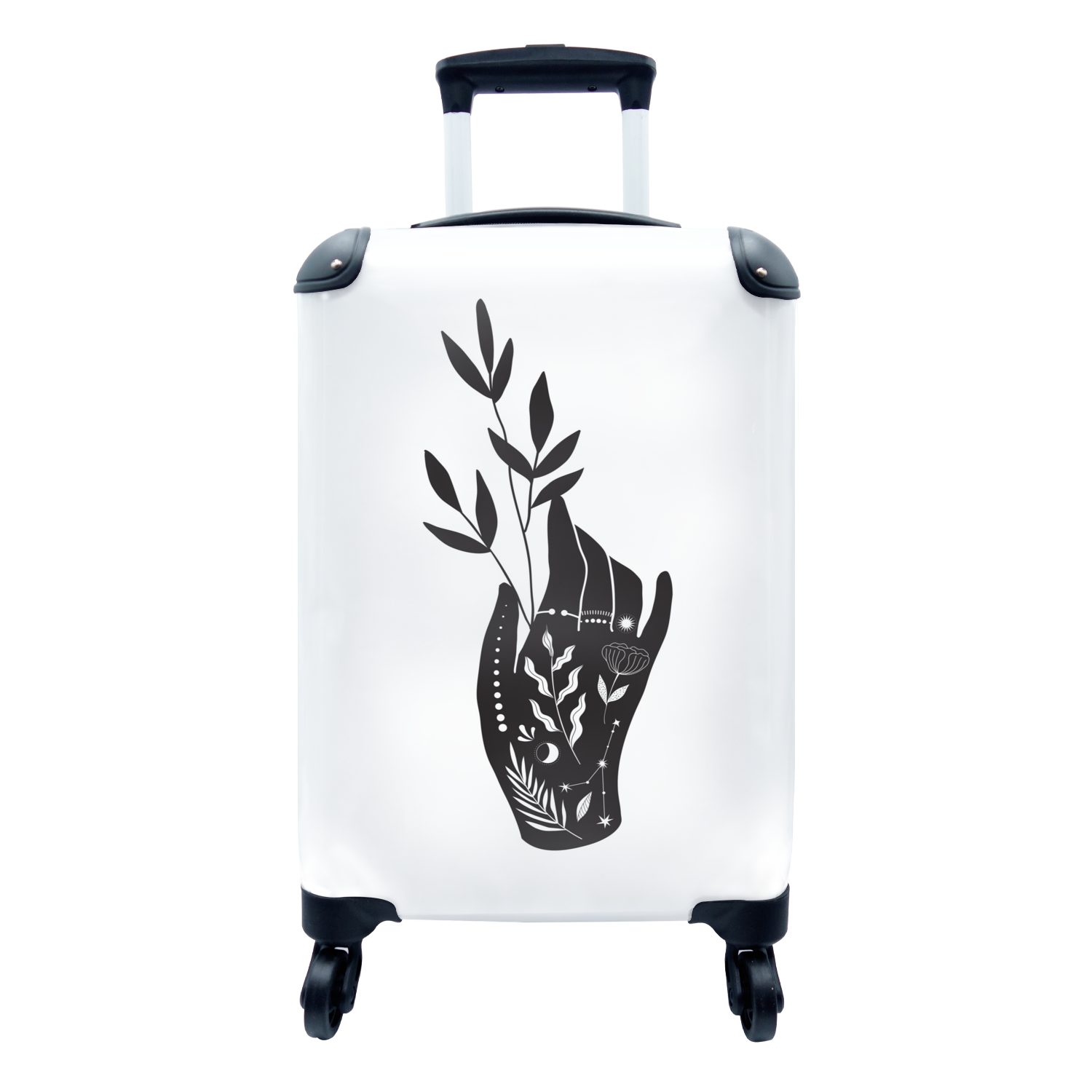 MuchoWow Handgepäckkoffer Moderne Kunst von einer Hand und einem Zweig auf weißem Hintergrund, 4 Rollen, Reisetasche mit rollen, Handgepäck für Ferien, Trolley, Reisekoffer