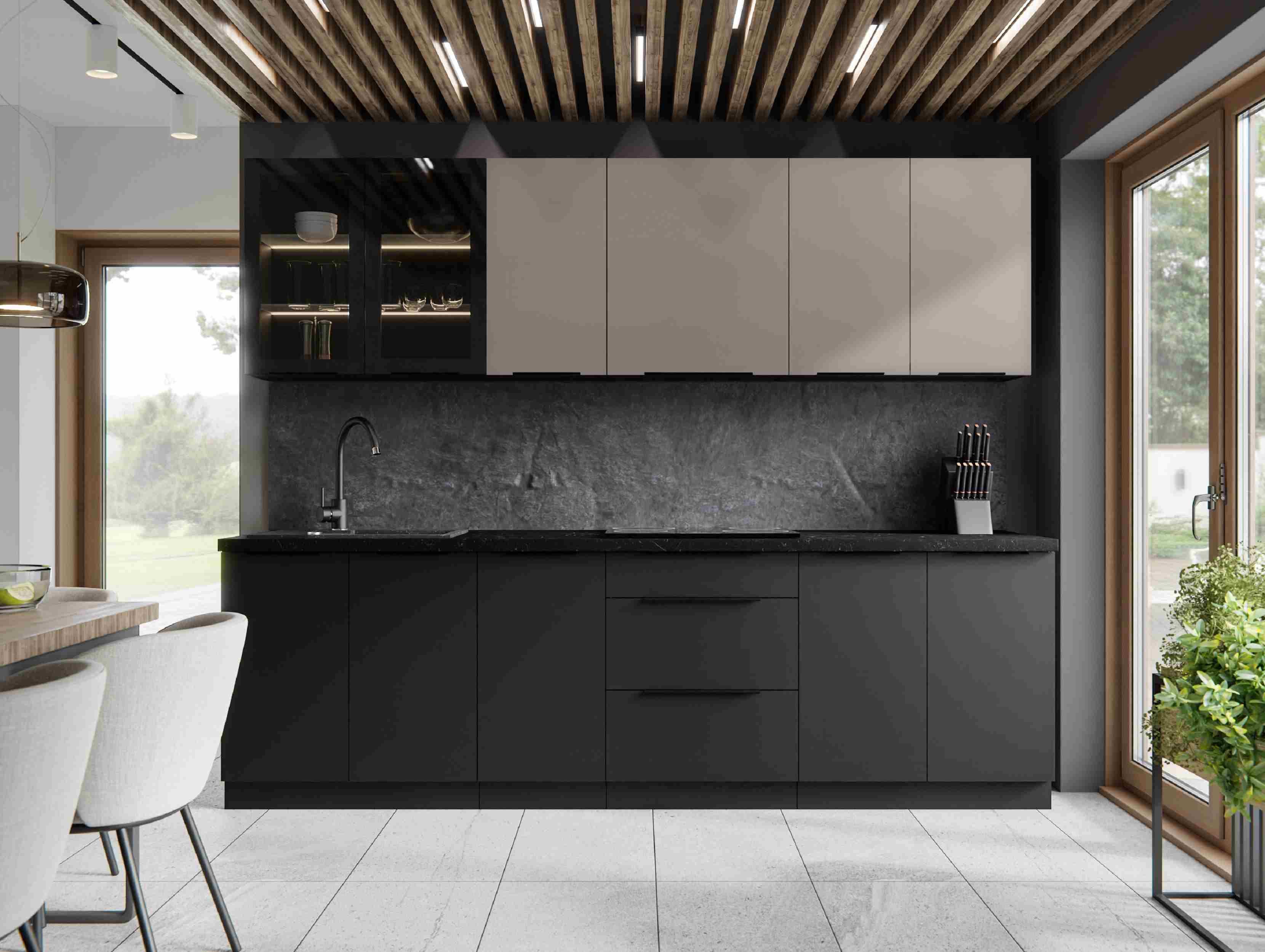 Furnix Küchenzeile Lynette-Linares 260 cm Kuchenmöbel-Set Küche Kaschmir/Schwarz, Maße gesamt 260x85,8x60 cm, ästhetisches topaktuelles Design
