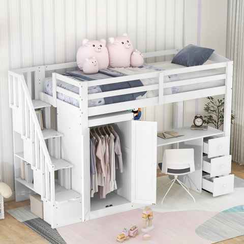 OKWISH Kinderbett Hochbett Bett Einzelbett Holzbetten Gästebett (mit Kleiderschrank und Treppe, Schreibtisch und Schubladen und Schrank in einem, 90 x 200 cm), Stühle nicht enthalten, Ohne Matratze