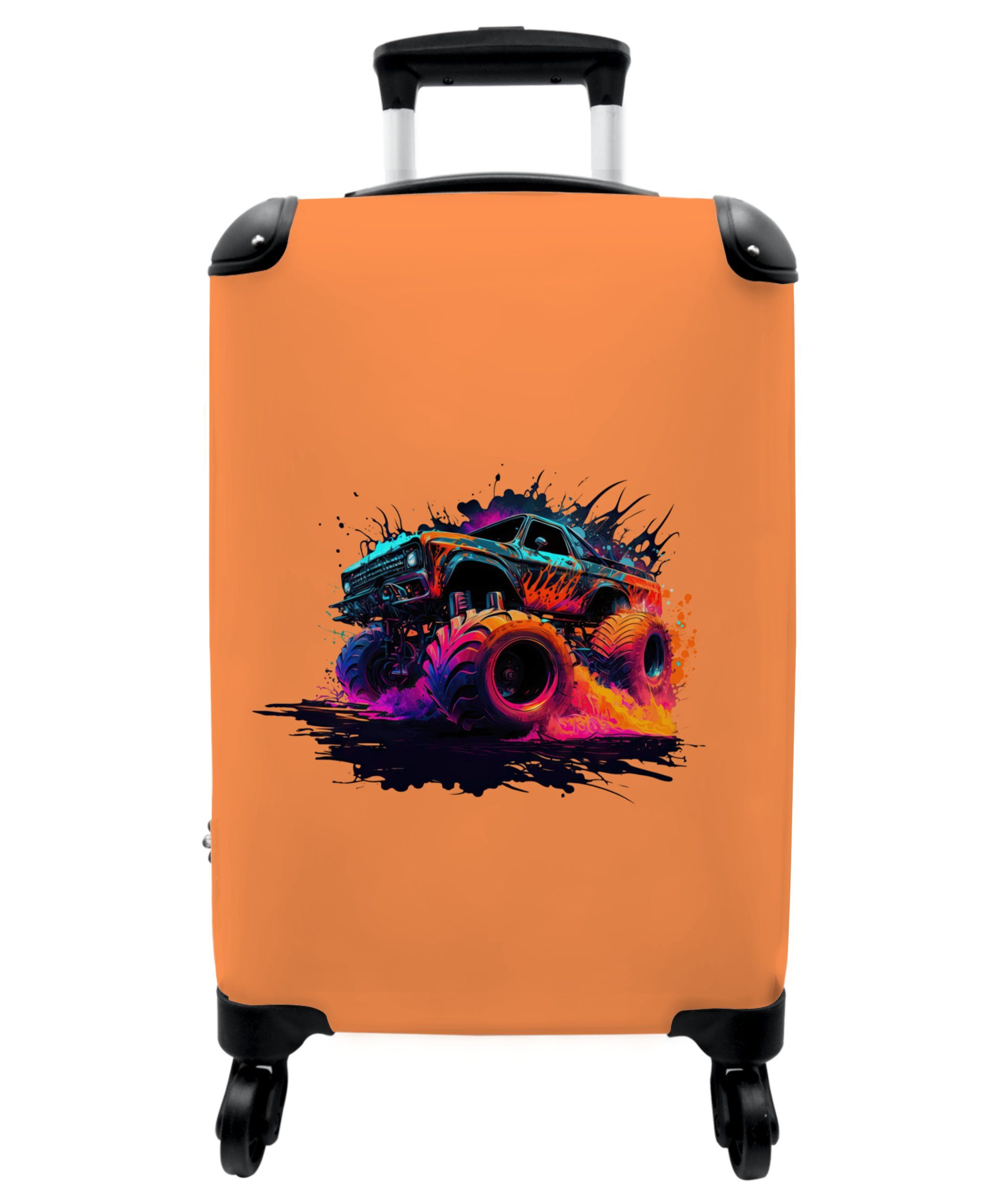 Rollen, Kinderkoffer Kindertrolley, - 55x35x20cm für Auto, - Design Monstertruck Neon NoBoringSuitcases.com© Reisekoffer Jungen 4 - Handgepäck,