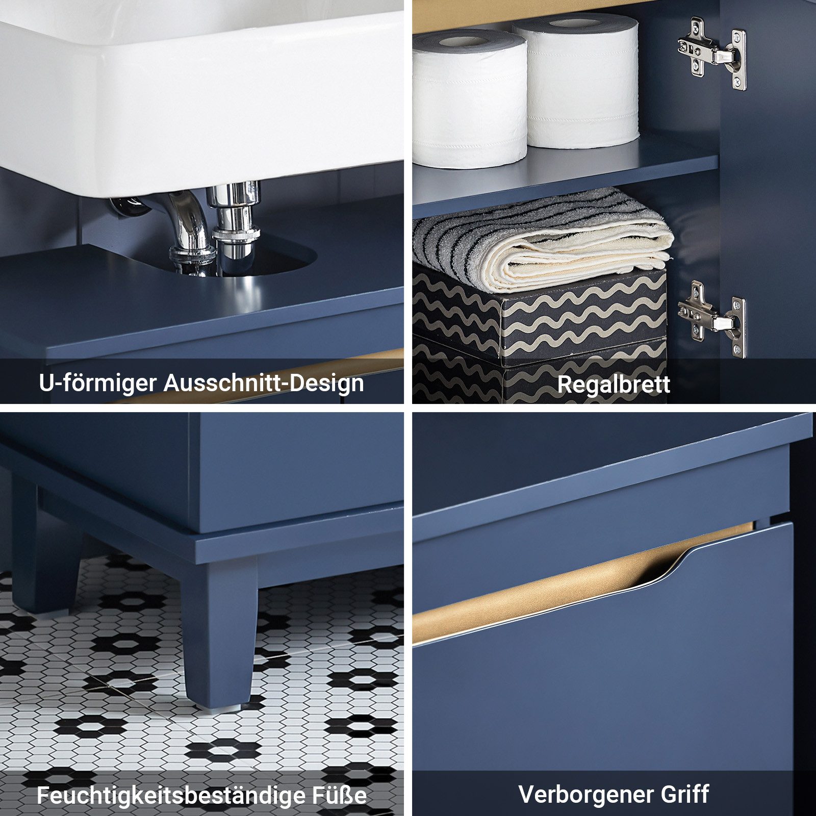 SoBuy Waschbeckenunterschrank BZR113, Badschrank Badezimmerschrank Waschtisch Unterschrank Badmöbel Waschtischunterschrank mit 2 Türen, verstellbare Ablage, 2 F – Bild 5 von 5