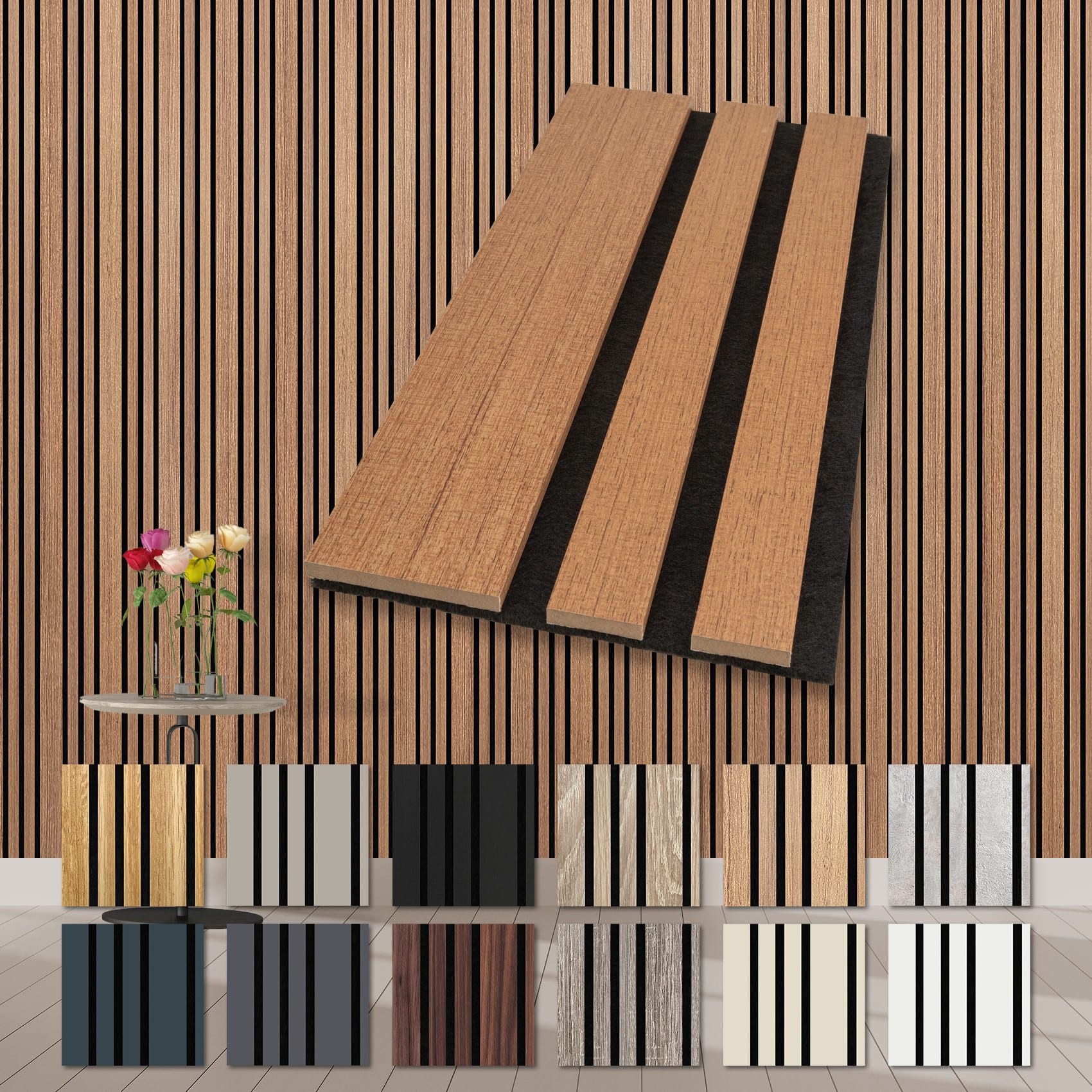 Hexim Wandpaneel, (Akustikpaneele Holz Musterstück Mila - flexible Holzpaneele Wanddeko Wand Kombipaneel Wandverkleidung innen Schalldämmung Akustikfilz braun Teak)