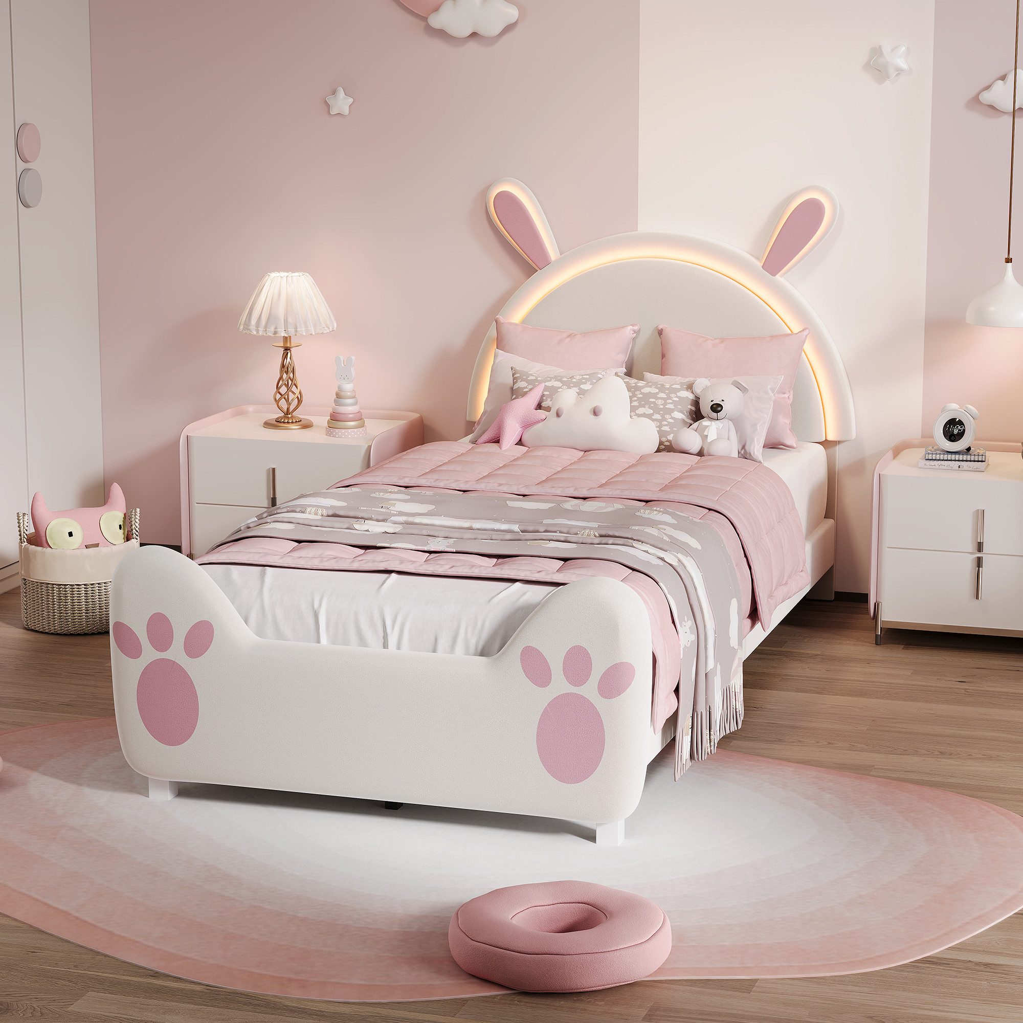 Yelenaro Polsterbett Kinderbett Einzelbett Jugendbett (Packung, 1-tlg., Jugendbett), 90x200 cm,Hasenförmiges Design,Samtstoff - Rosa – Bild 2 von 5