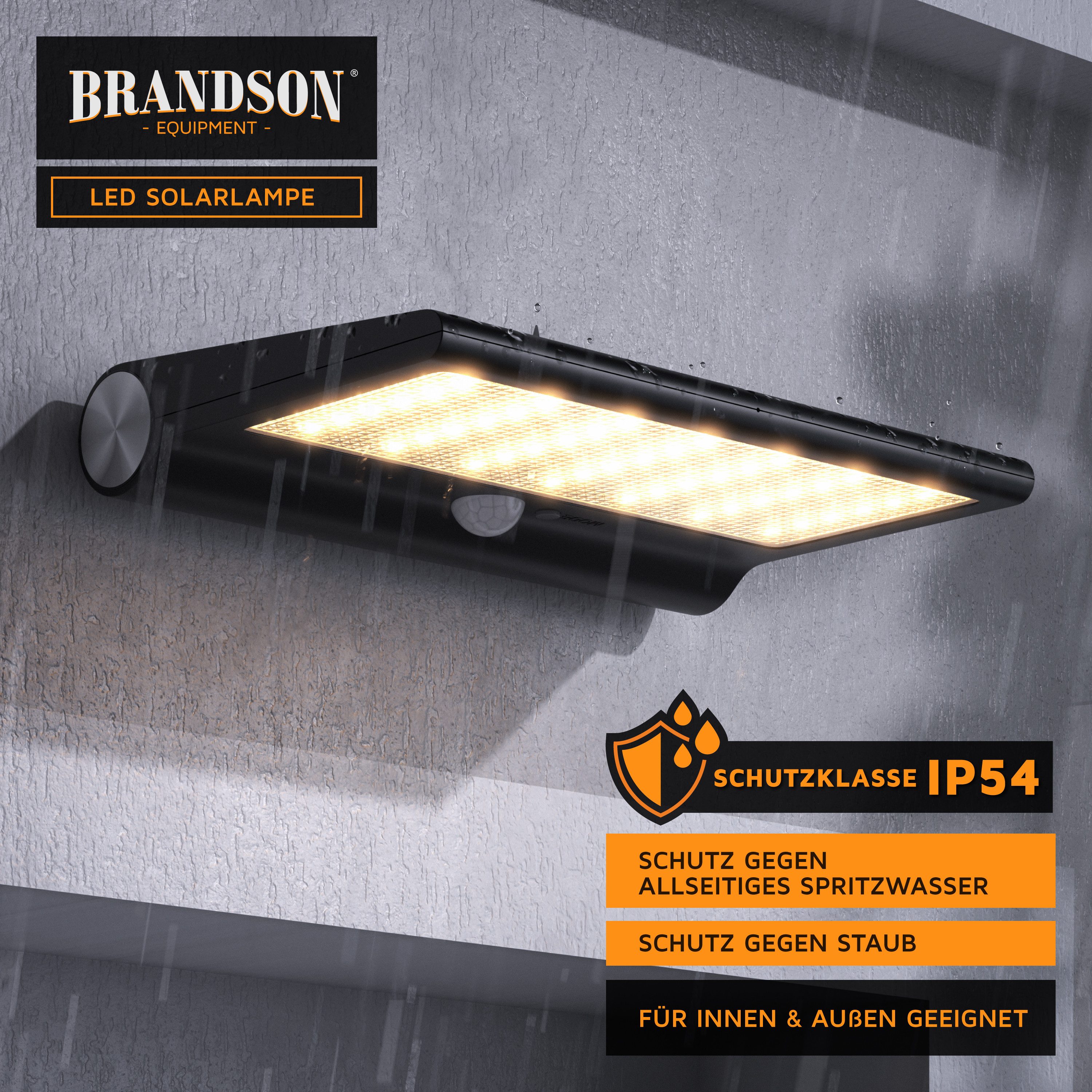 Brandson LED Solarleuchte Solar Sicherheits-/Außenlampe, 84 SMD LEDs, PIR-Sensor, 3 CCT, IP54, Ein-/Ausschalter; Nachtlichtfunktion; mehrere Helligkeitsstufen, LED fest integriert, Extra-Warmweiß, Neutralweiß, Kaltweiß, 1500 mAh Akku, Solarpanel, 280 Lumen, wetterfest, für Außenmontage