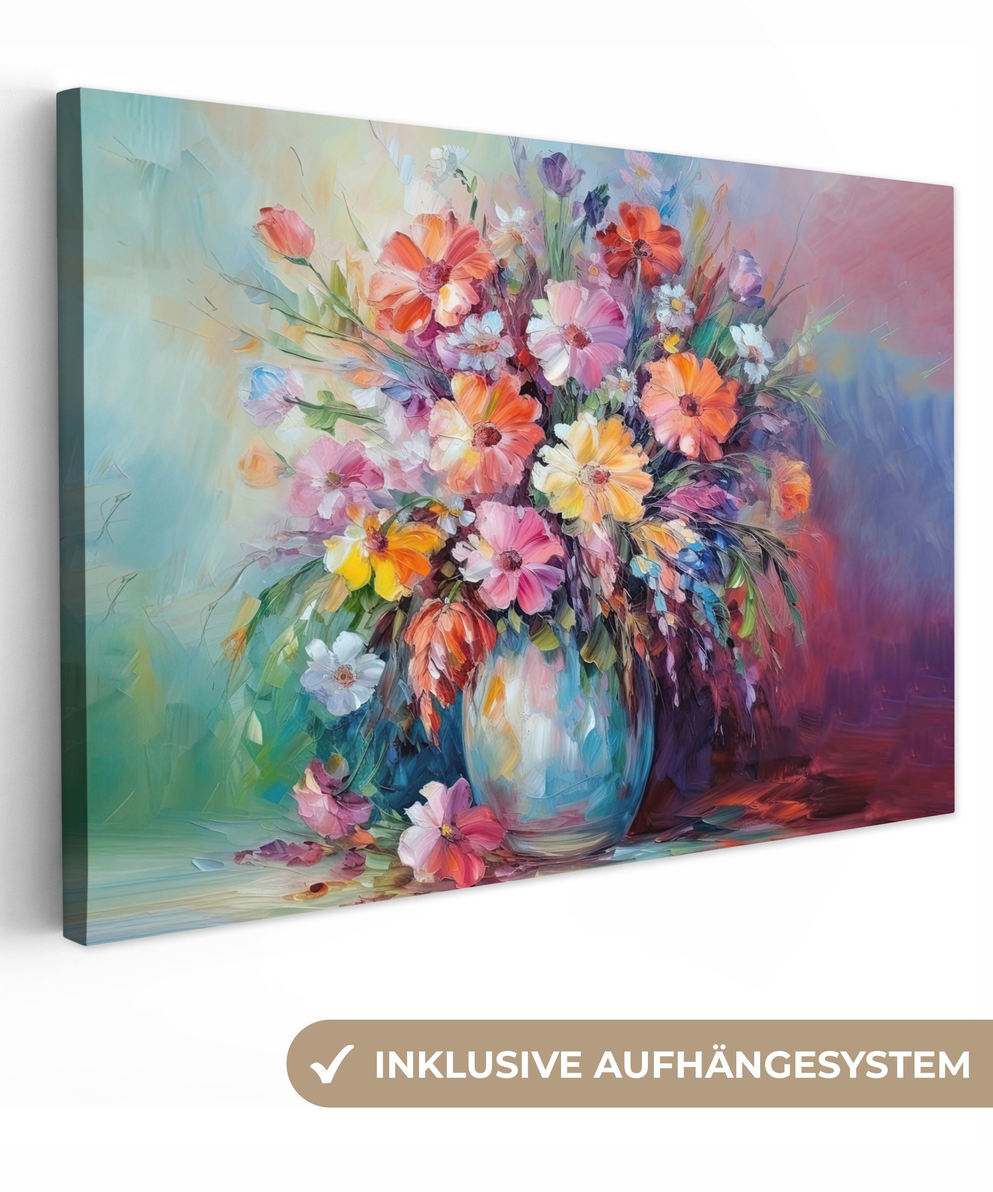 OneMillionCanvasses® Leinwandbild Blumen - Kunst - Malerei - Frühling - Blumenstrauß, (1 St), Wandbild für alle Wohnbereiche, Gemälde, XXL, großes, 120x80 cm