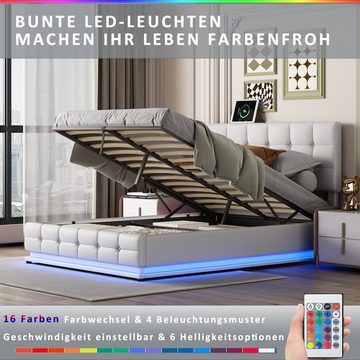 Flieks Polsterbett, LED Beleuchtung Doppelbett Stauraumbett 140x200cm Kunstleder