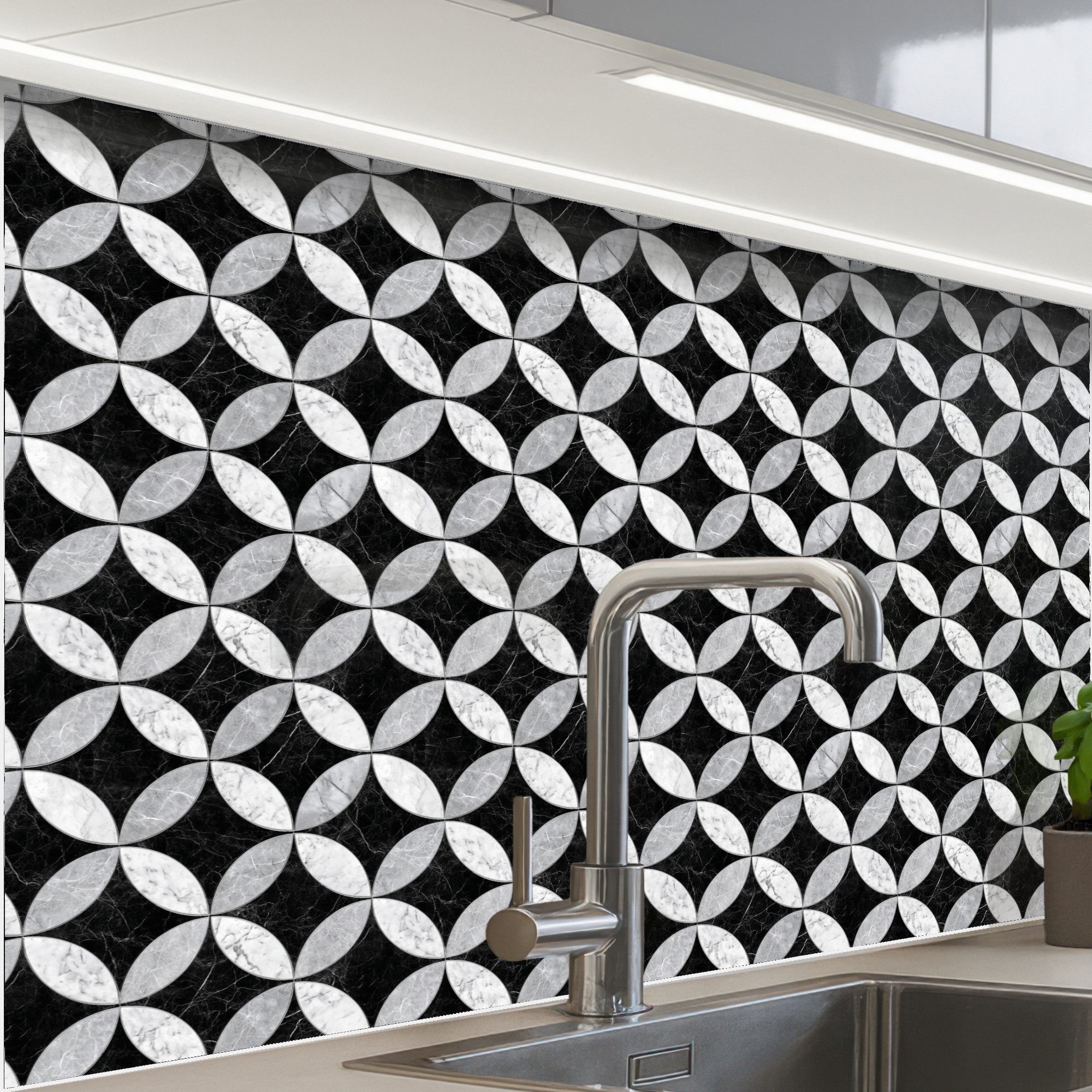 KitchenYeah Küchenrückwand Muster selbstklebend (keine Folie) Kreis - Kacheln - Marmor - Schwarz, (1-tlg), Spritzschutz, Küche, Rückwand, Küchenwand, Küchenfront, 30x20 cm