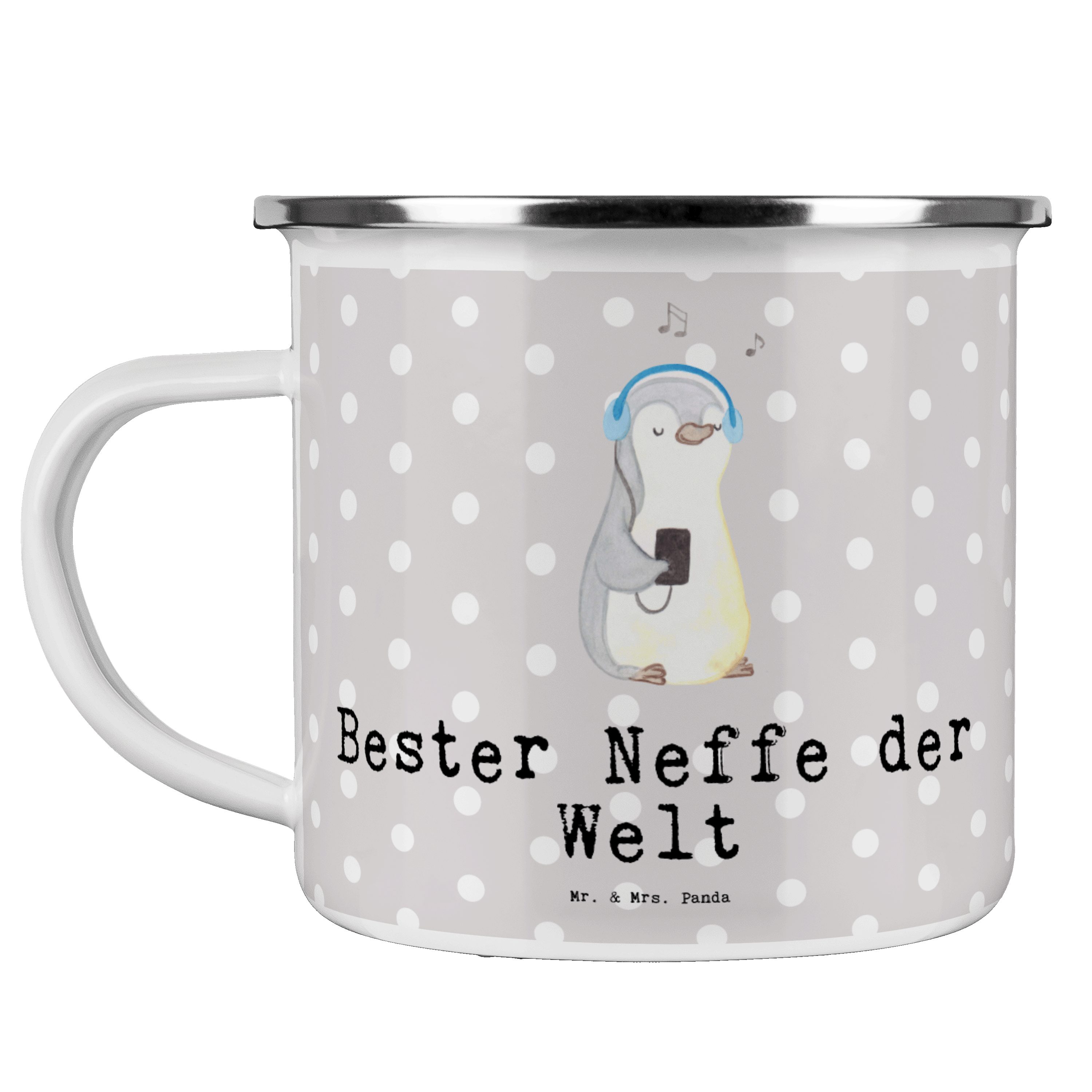 Mr. & Mrs. Panda Becher Pinguin Bester Neffe der Welt - Grau Pastell - Geschenk, Trinkbecher, Emaille