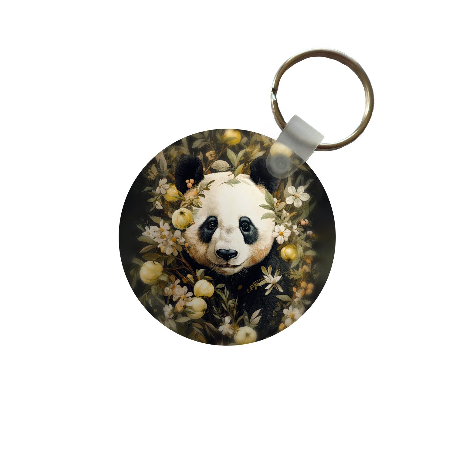 MuchoWow Schlüsselanhänger Panda - Pandabär - Wildtiere - Blumen, Rund, Geschenk für Damen / Herren / Kinder mit Schlüsselring, 5x5 cm