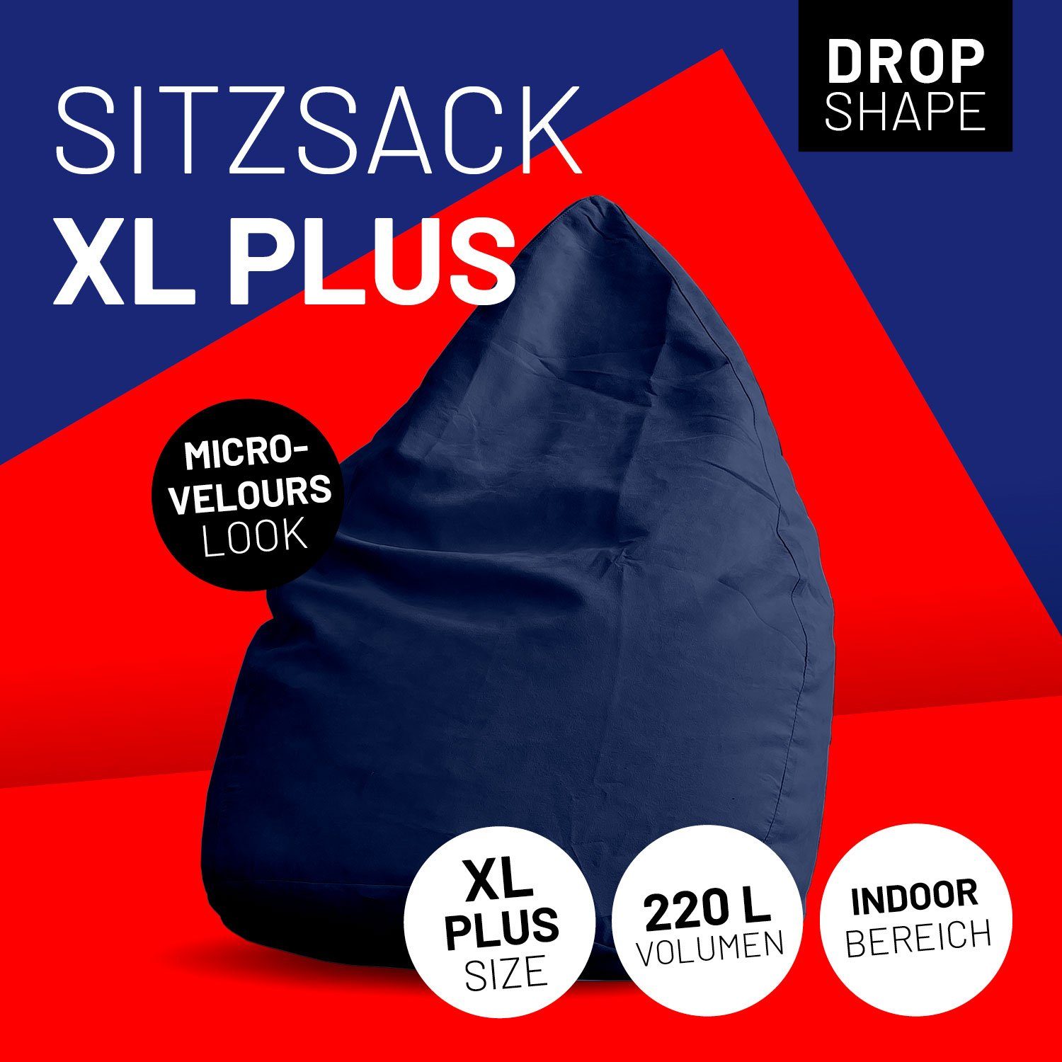 85x65cm PLUS 220L Bean Sitzkissen dunkelblau waschbar Lumaland XL Bodenkissen Luxury Bag, Sitzsack robust weich Microvelours