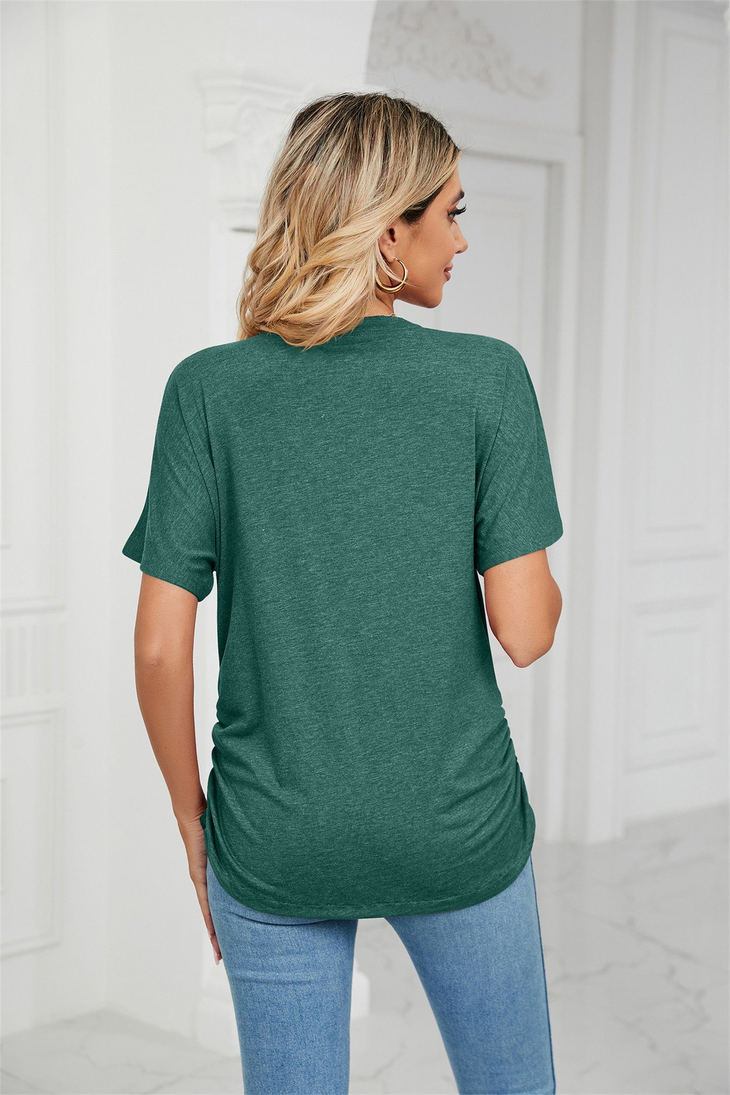 V-Ausschnitt, Grün kurzärmelig, Damen-T-Shirt, carefully selected Sommer-Basic-Bluse V-Shirt