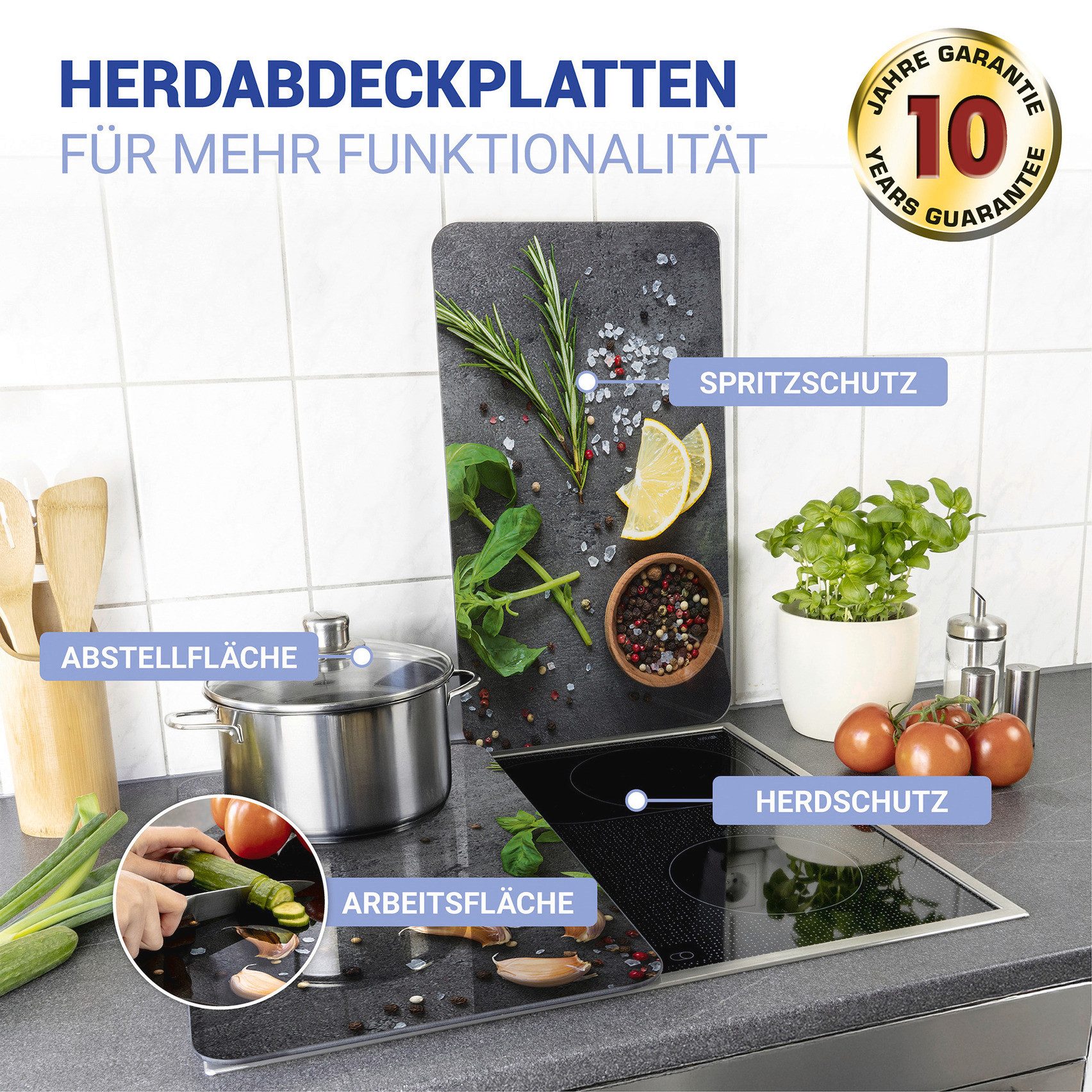 WENKO Herd-Abdeckplatte Universal Modell Kräuter, Glas, (Set, 2 tlg), Herdabdeckung für alle Herdarten, kratzfest, mit rutschfesten Füßen