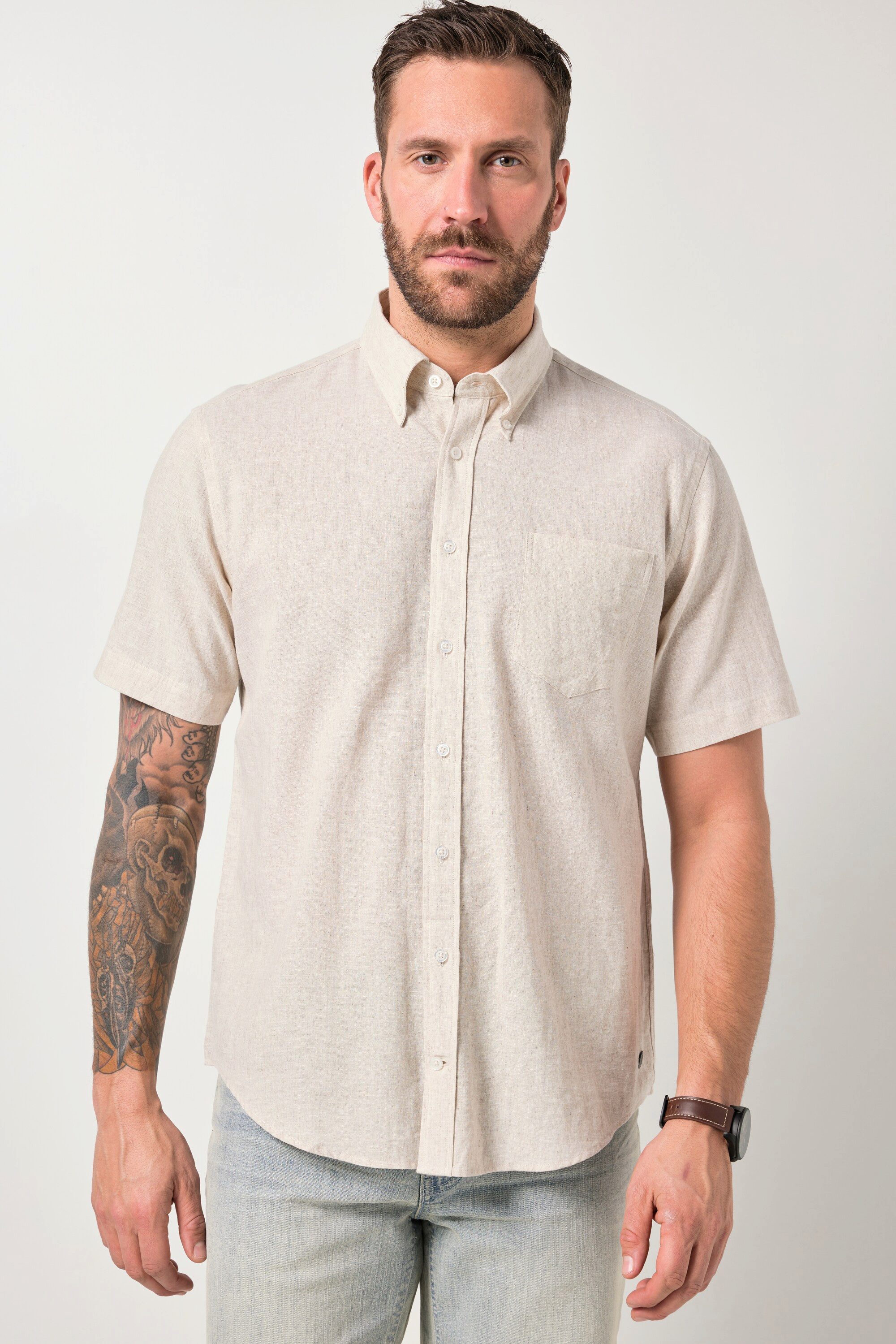 JP1880 Kurzarmhemd Hemd Halbarm Leinenmix Buttondown-Kragen
