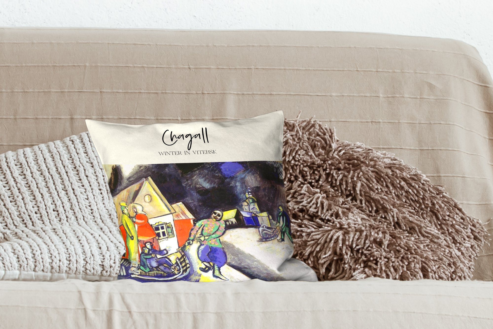 MuchoWow Dekokissen Chagall - Winter Schlafzimmer, Füllung für in - Sofakissen Wohzimmer, Zierkissen Deko, Witebsk mit Gemälde