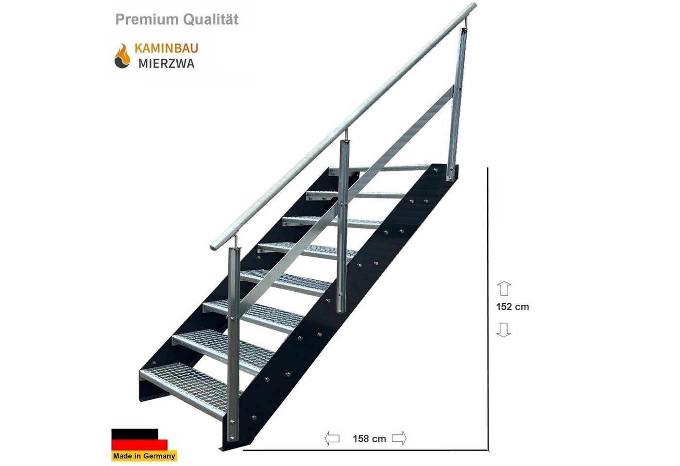 Thumbnail - Kaminbau Mierzwa Außentreppe Premium Treppe Anthrazit mit und ohne Geländer, für Geschosshöhen bis 152.00 cm, Stufen Git...