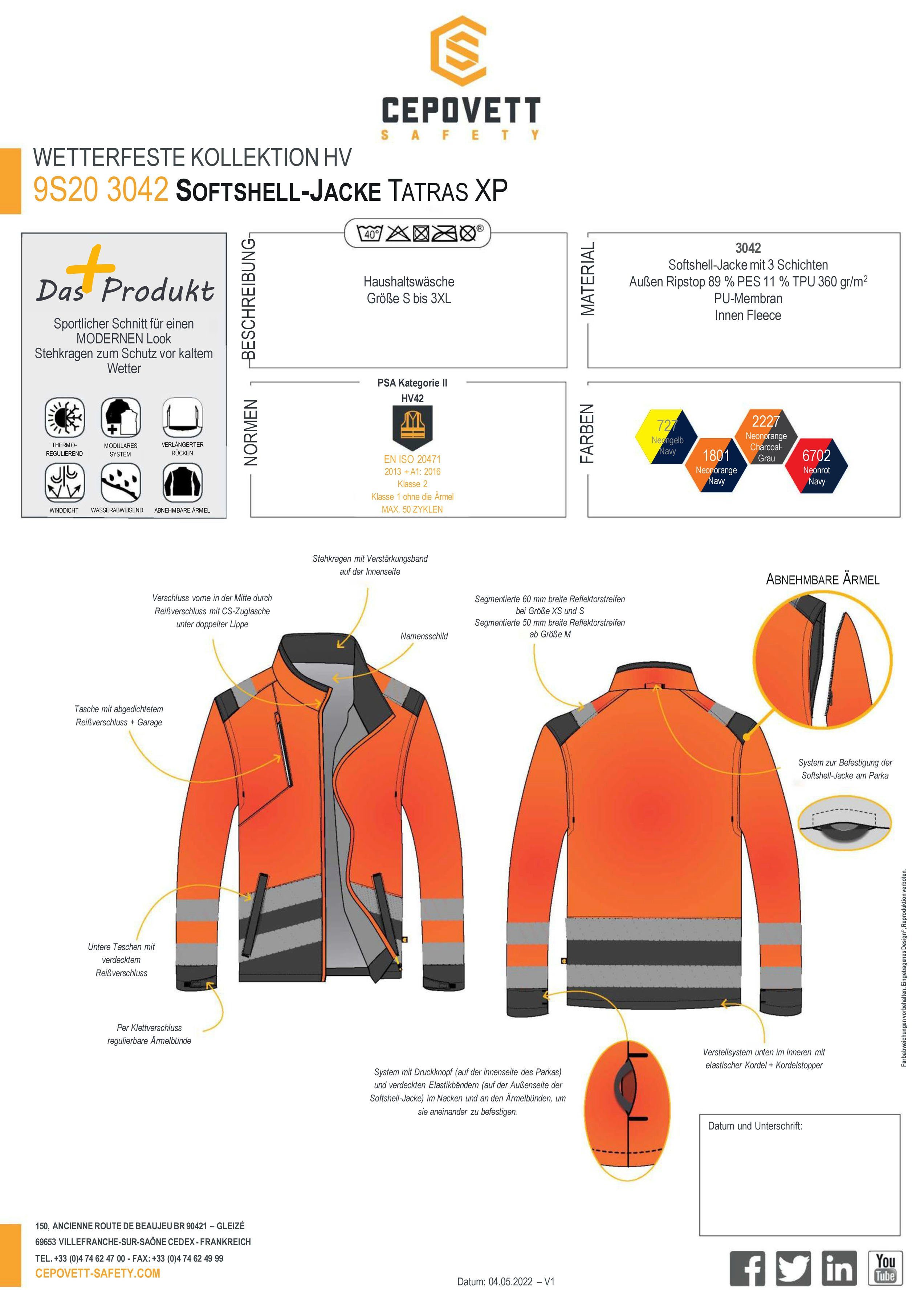Cepovett Unisex Hochsichtbar 3-in1, "Tatras ORANGE wasserabweisend, FLUO / Softshelljacke XP" Warnschutz, CHARCOAL Modul'wear
