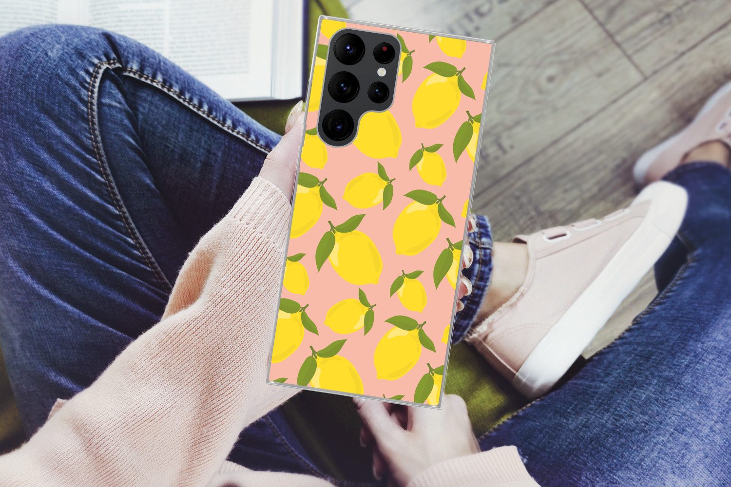 MuchoWow Handyhülle für Samsung Galaxy S22 Ultra Zitronen - Gelb - Rosa - Muster - Obst, Phone Case, Silikon, Schutzhülle Dünn