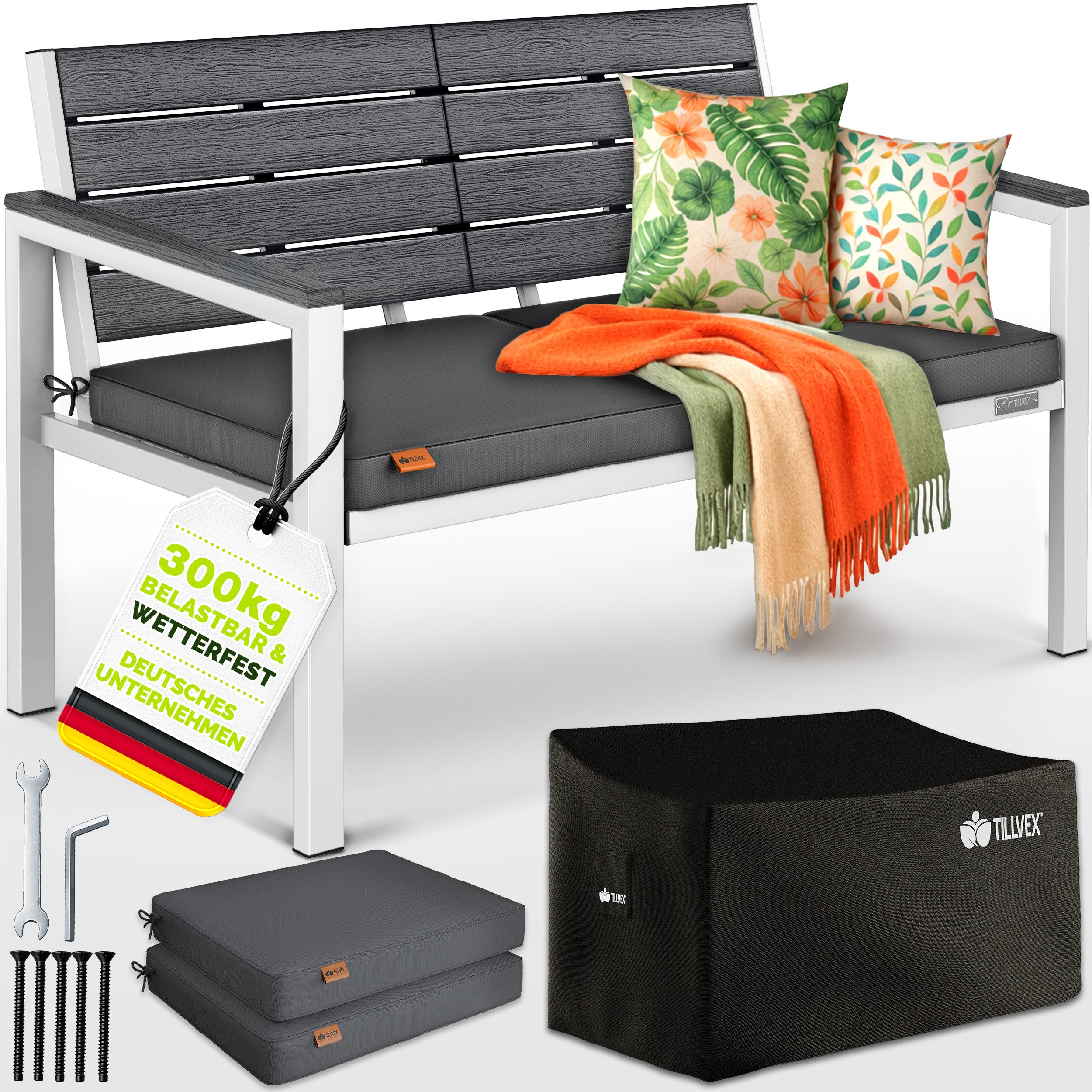 tillvex Gartenbank tillvex® Gartenbank mit Abdeckung & Kissen in Holzoptik bis 300kg (Garten Terrasse Balkon mit waschbarem Bezug, Parkbank in Holzoptik belastbar UV-beständig Sitzbank), Wetterfest 2-3 Sitzer mit Abdeckung & Kissen bis 300 kg