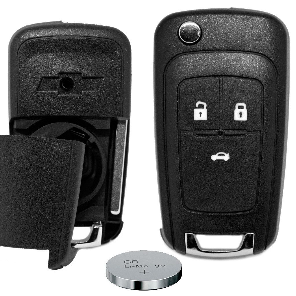 mt-key Auto Klapp Schlüssel Ersatz Gehäuse 3 Tasten + passende CR2032 Knopfzelle, CR2032 (3 V), für Chevrolet CRUZE J300 TRAX Funk Fernbedienung