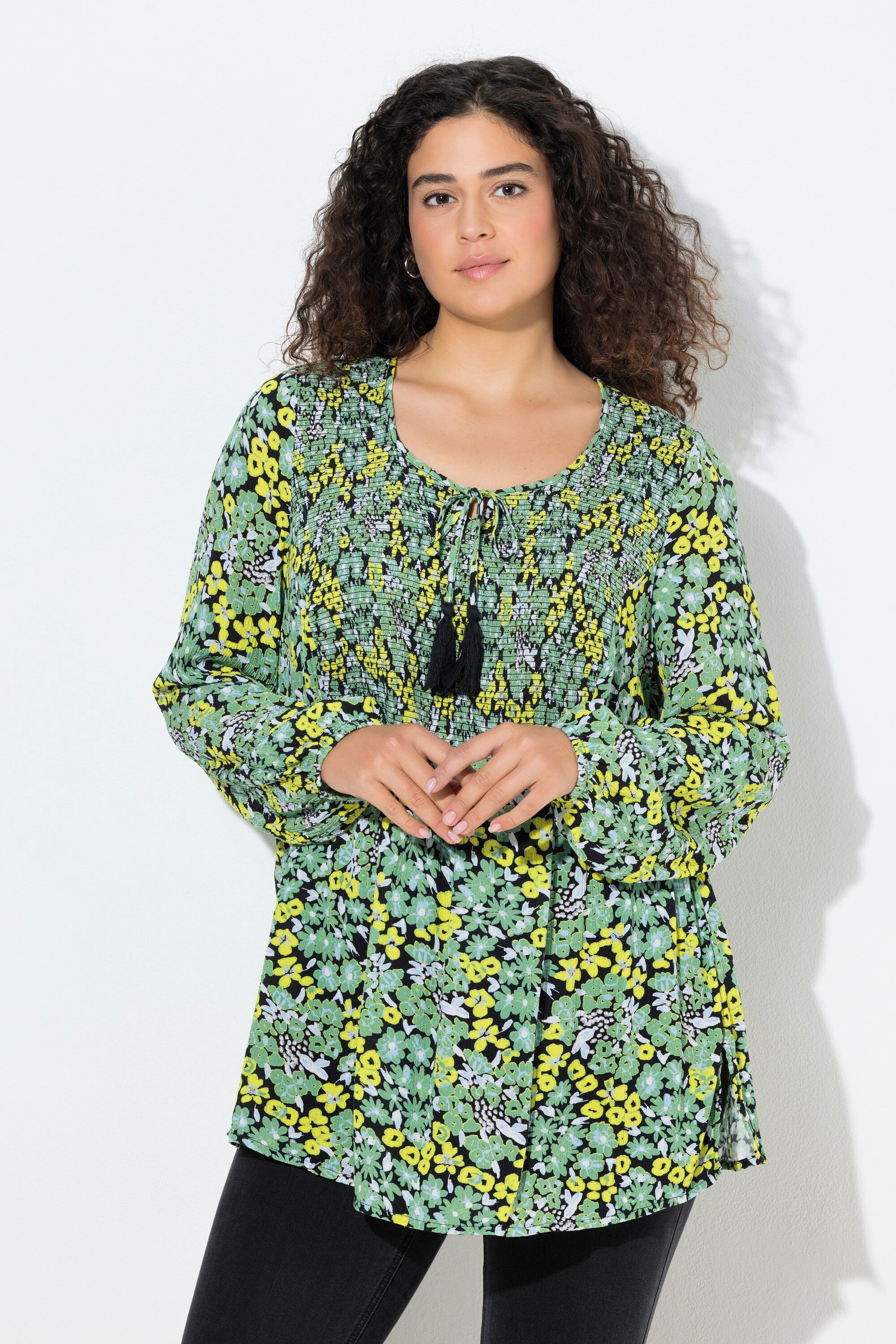 Ulla Popken Druckbluse Smokbluse Blüten A-Linie Rundhals Langarm günstig online kaufen