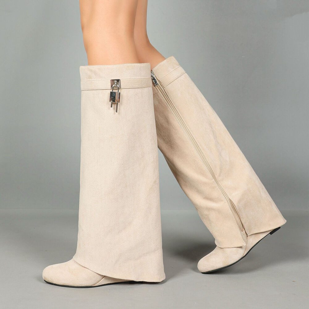 Ital-Design Elegante Überknie-Stiefel mit Komfort und modernem Design Keilstiefel (90458216) Keilabsatz/Wedge Stiefel in Beige