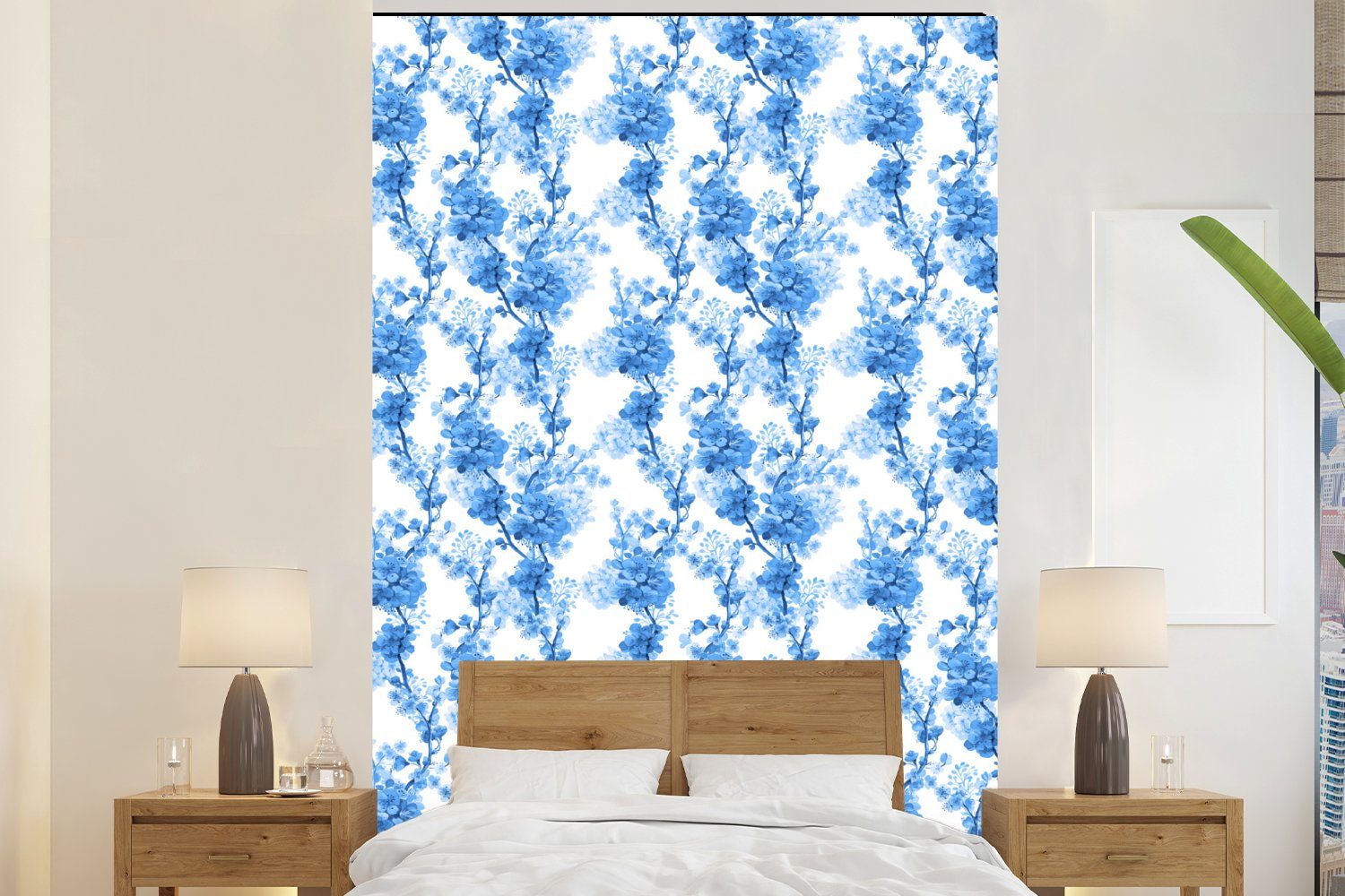MuchoWow Fototapete Blumen - Blüte - Pflanzen - Blau, Matt, bedruckt, (3 St), Montagefertig Vinyl Tapete für Wohnzimmer, Wandtapete