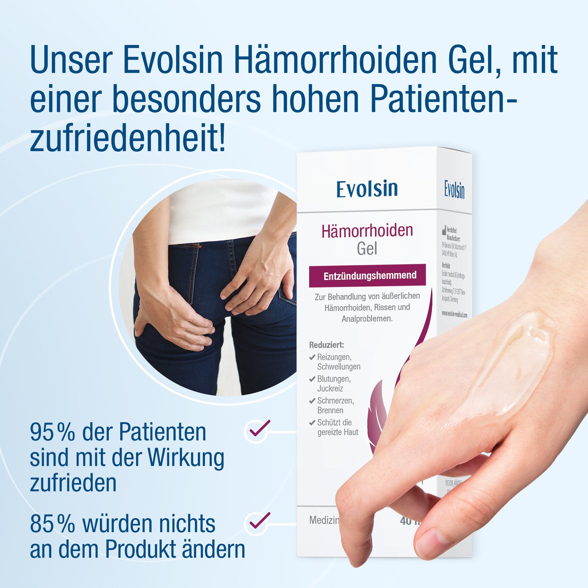 Evolsin Hautpflegegel Hämorrhoiden Gel gegen Brennen, Schmerz, Blutungen & Juckreiz, frei von Parabenen, Silikonen, Mineralölen