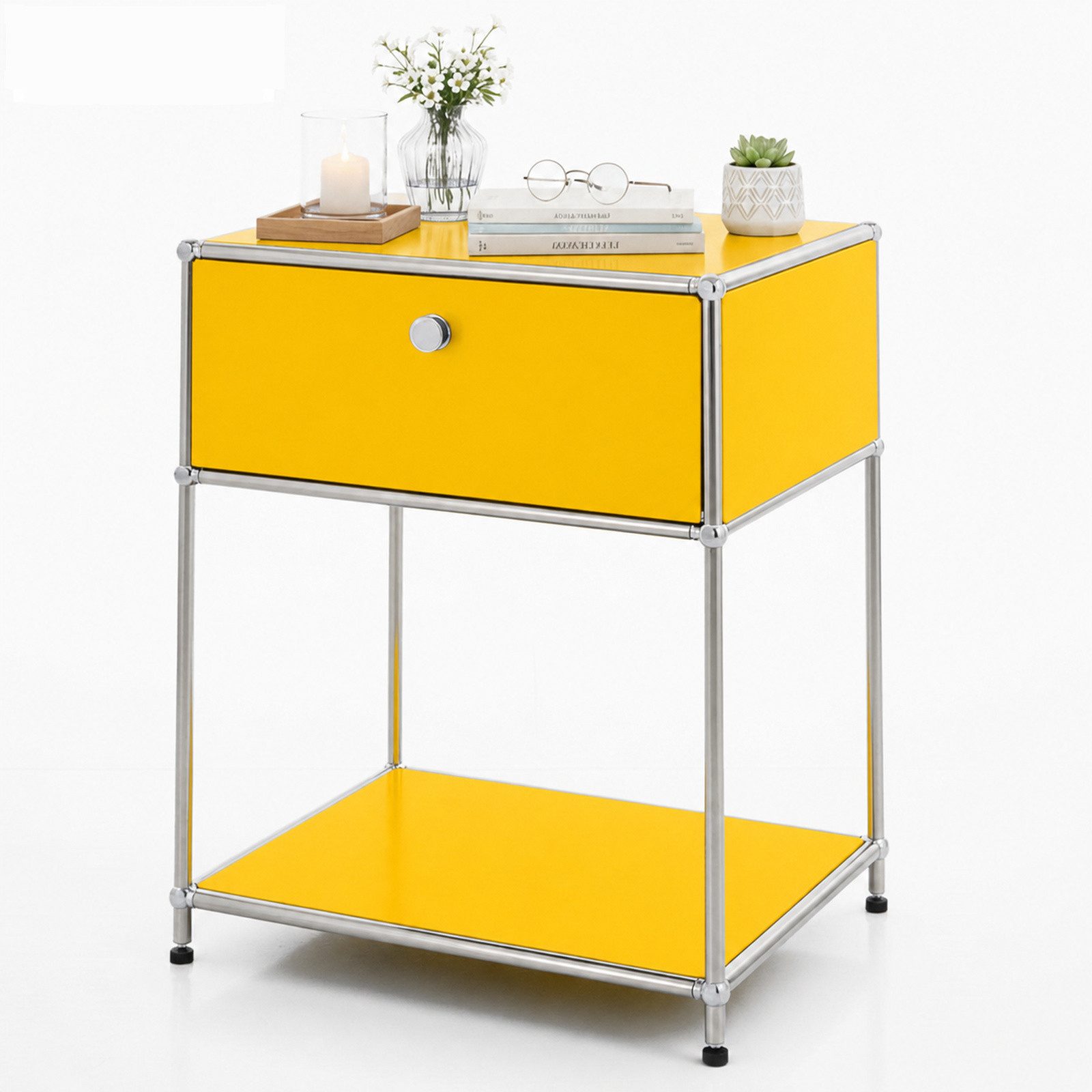 Floordirekt Beistelltisch Concept Epure MK-139, B50 × T40 × H65 cm, verschließbare Schublade (modular, kratzfeste Pulverbeschichtung), Beistellregal mit verchromtem Metallgestell, höhenverstellbare Füße