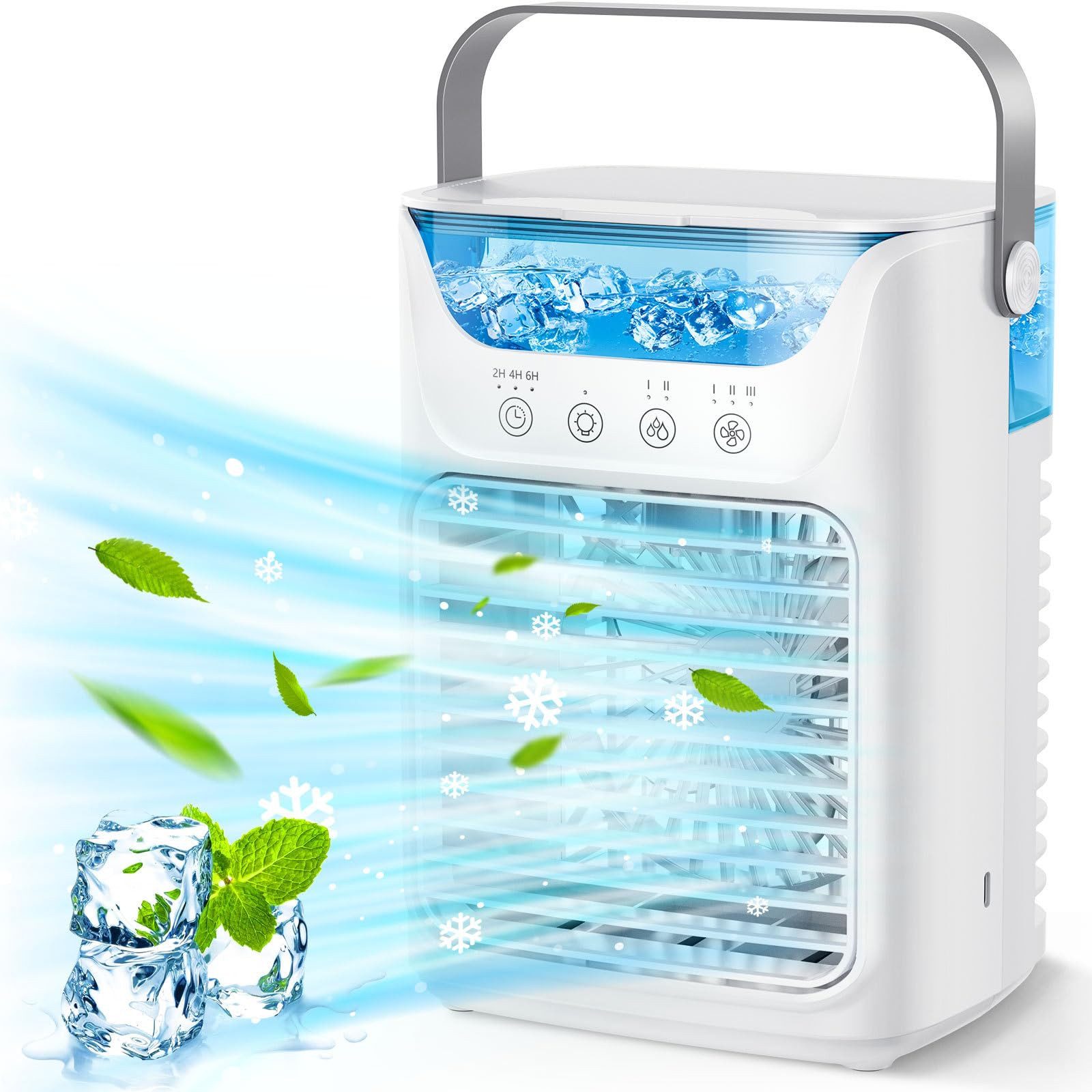 MOPUEA Ventilatorkombigerät Luftkühler Ventilator, 4-in-1-Kühlgebläse mit Sprühnebel, tragbar, Mini Klimaanlage 3 Stufen Timer 2–6h, LED-Licht, 7W, 700 ml Wassertank