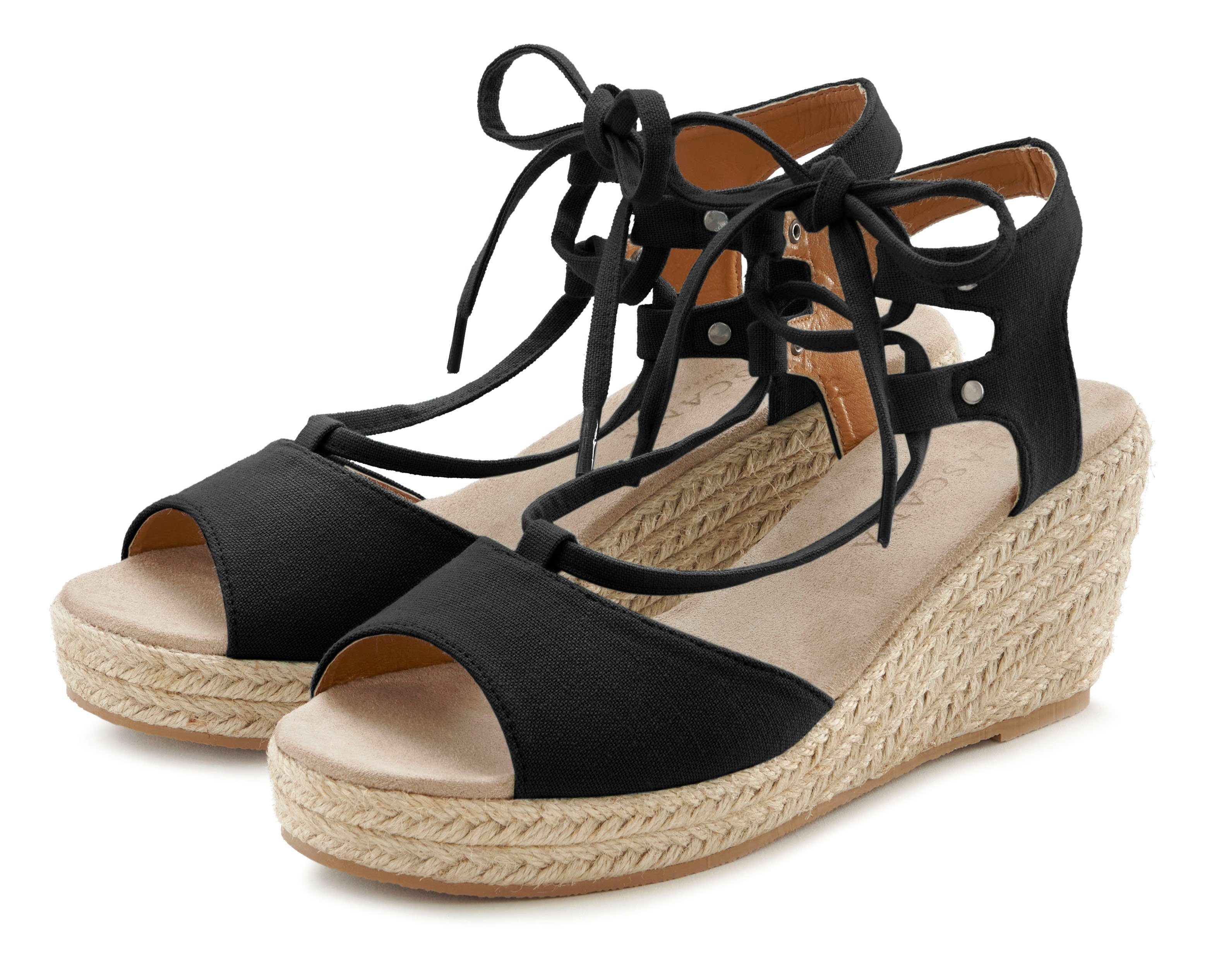 LASCANA Keilsandalette Sandalette, Sandale mit Keilabsatz, Bast-Optik & Schnürung VEGAN schwarz