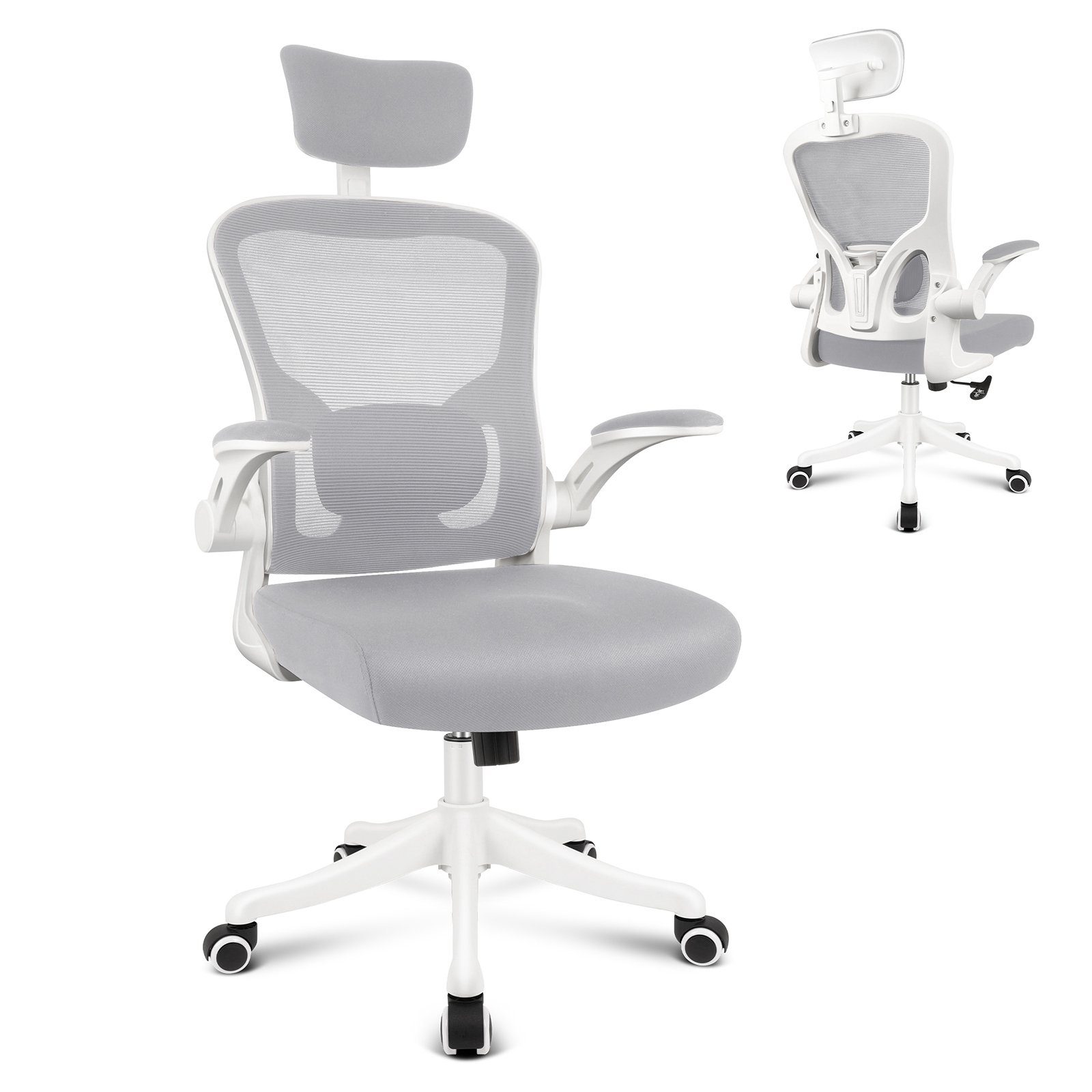 AUFUN Bürostuhl Ergonomischer Drehstuhl mit (Ergonomische Bis 3D verstellbarer Verstellbarer Leichtlaufrollen Kopfstiitze Armlehnen (Schwarz/Braun/Gray), Tye-A-Gray mit Computerstuhl 150KG Lendenwirbelstütze, Passform &