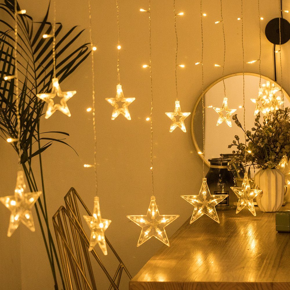 GlobaLink LED-Lichterkette 2.2M Lichtervorhang mit 12 Haken, 12 Sterne  Weihnachtsdeko, 108-flammig, Erweiterbar, Timer/Memory-Funktion, 8 Modi | Lichterketten