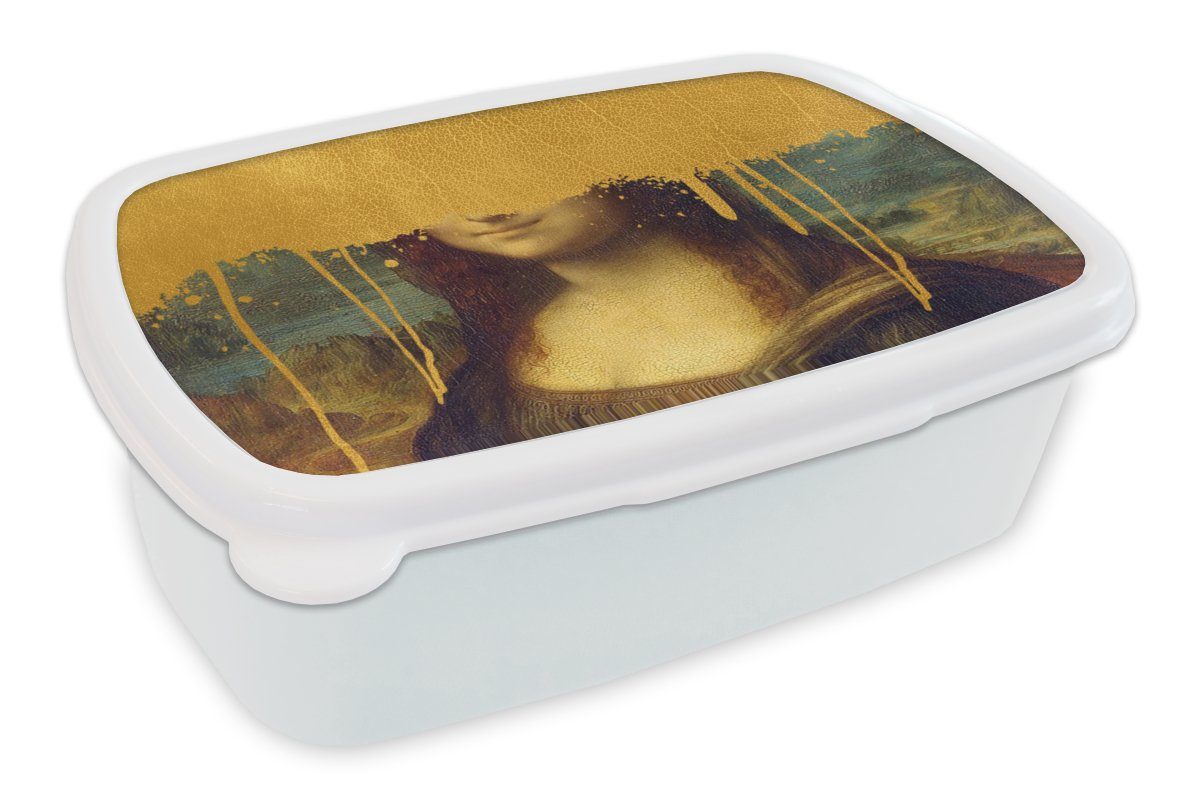 MuchoWow Lunchbox Mona Lisa - Gold - Da Vinci, Kunststoff, (2-tlg), Brotbox für Kinder und Erwachsene, Brotdose, für Jungs und Mädchen weiß