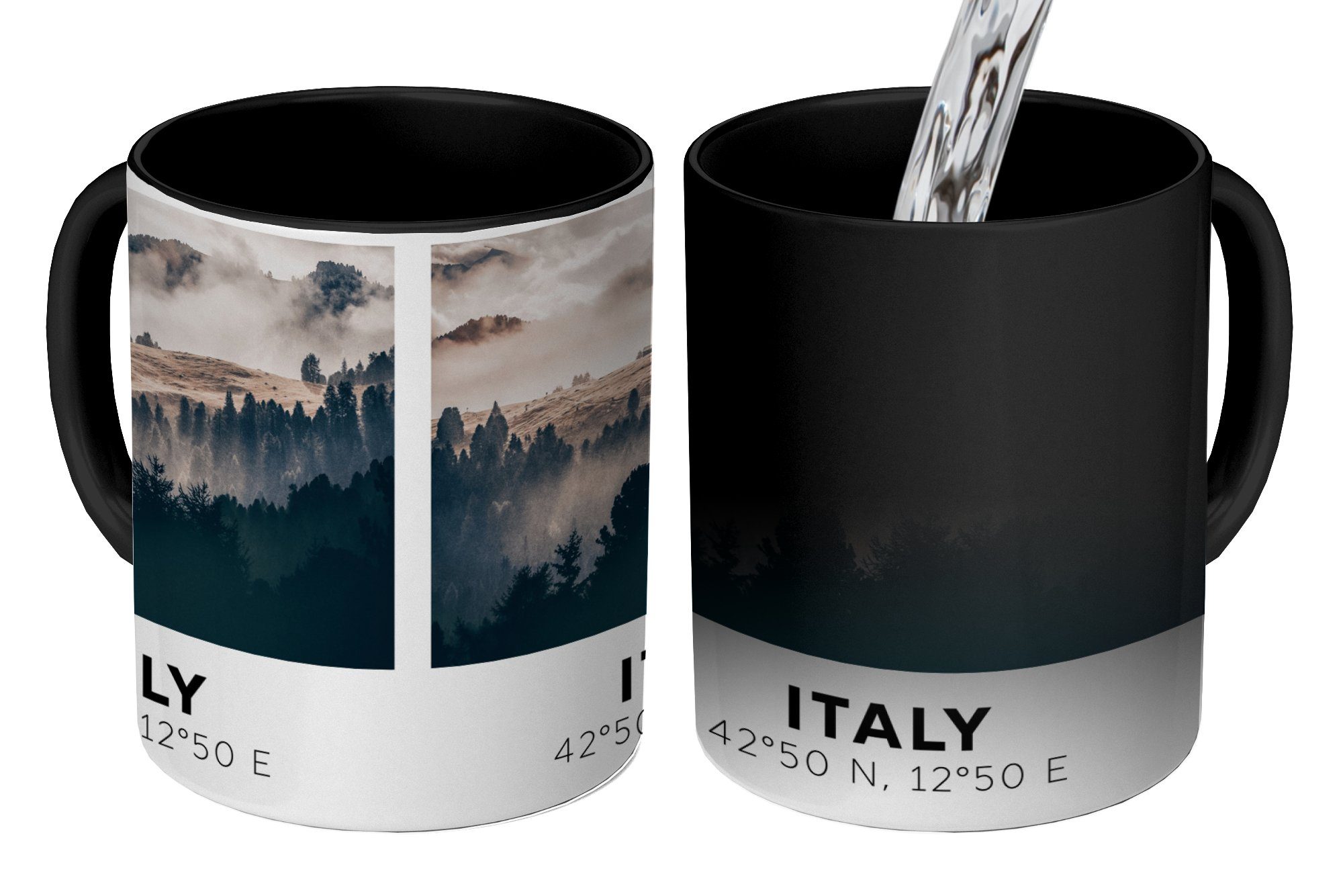 MuchoWow Tasse Italien - Dolomiten - Wald - Nebel, Keramik, Farbwechsel, Kaffeetassen, Teetasse, Zaubertasse, Geschenk