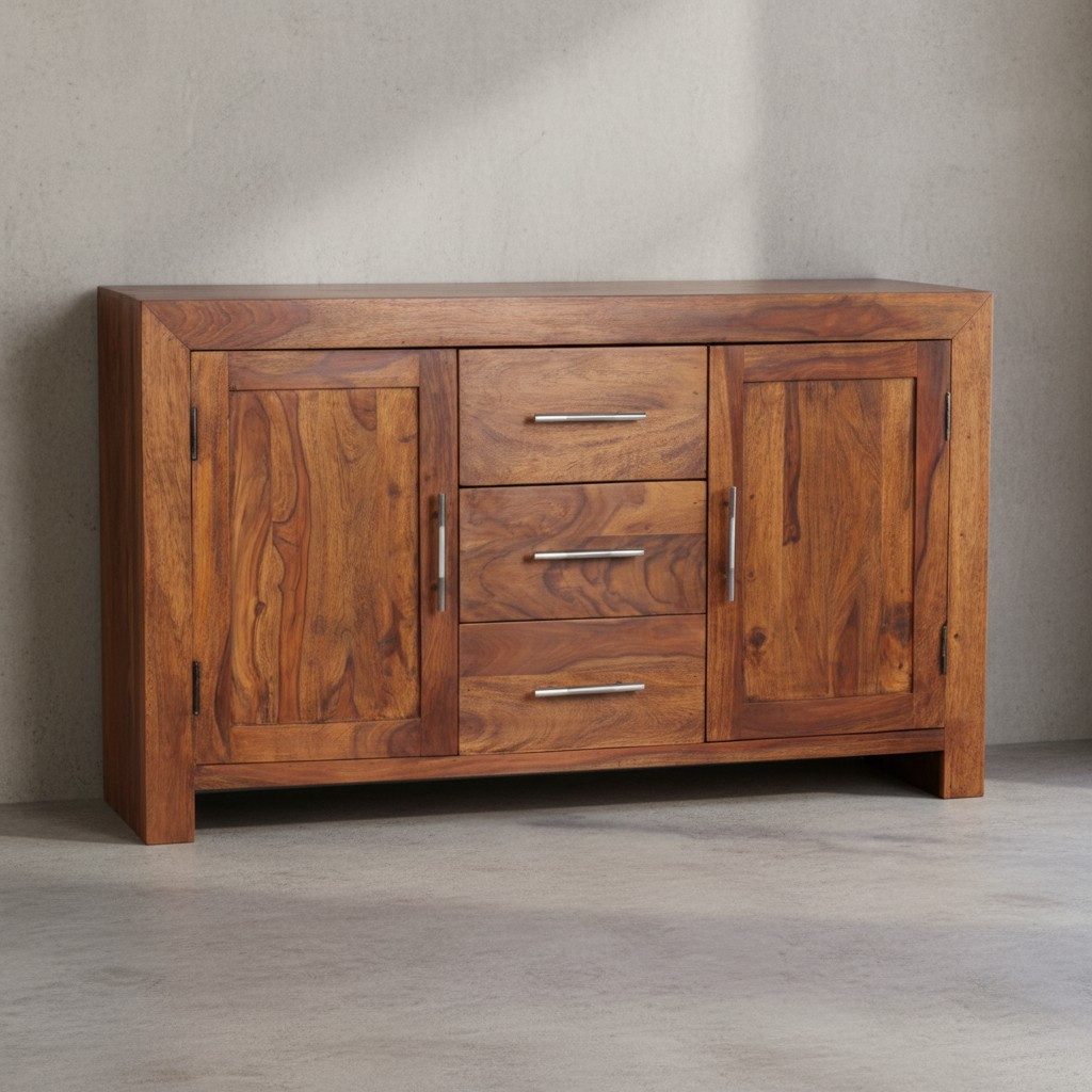 KADIMA DESIGN Kommode Elegantes Massivholz-Sideboard 3 Schubladen 2 Türen Wohnzimmer