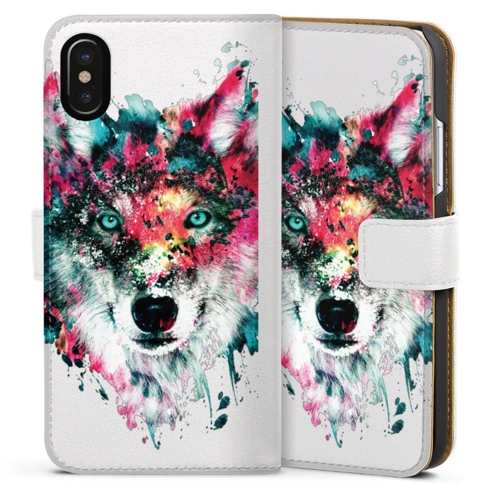 DeinDesign Handyhülle Riza Peker Wolf bunt Wolve ohne Hintergrund, Apple iPhone Xs Hülle Handy Flip Case Wallet Cover Handytasche Leder