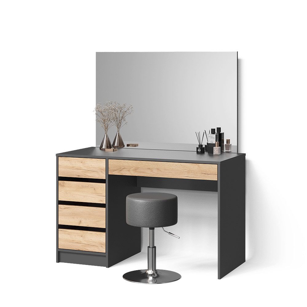 Livinity® Schminktisch Imola, Anthrazit/Goldkraft Eiche, 120 cm mit Hocker