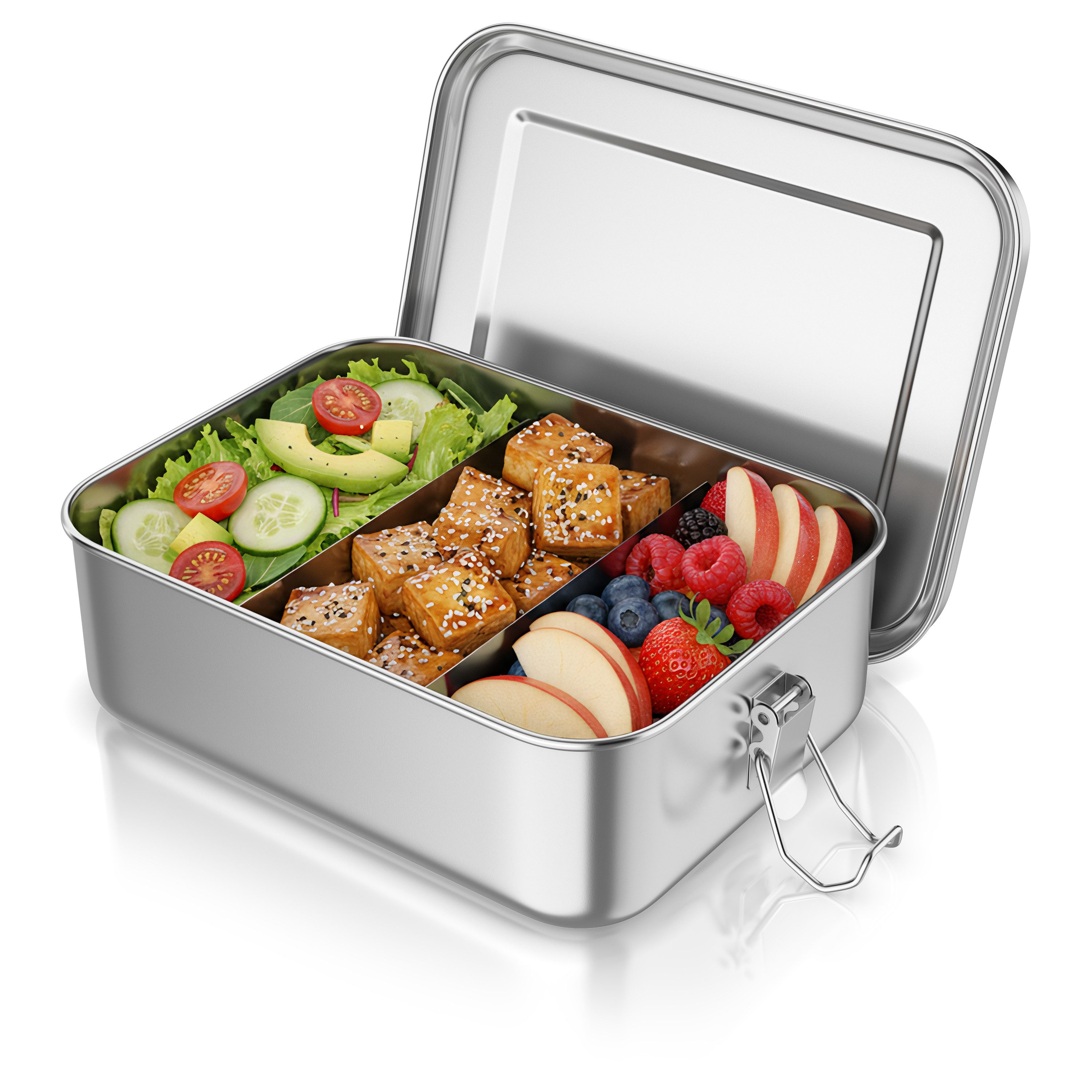 Arendo Lunchbox Edelstahl Brotdose 1200 ml mit Fächern, für Kinder und Erwachsene, Edelstahl, (1-tlg., 2 Trennstege, 2 Silikondichtungen), auslaufsicher, entnehmbare Trennstege, Dichtung, lebensmittelecht