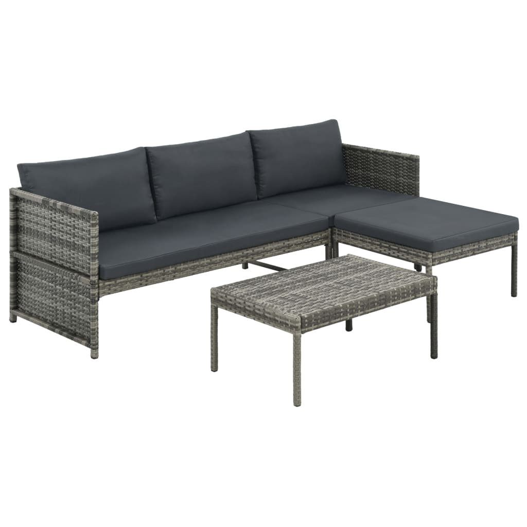 vidaXL Gartenlounge-Set 3-tlg. Garten-Lounge-Set mit Kissen Poly Rattan Grau, (3-tlg)