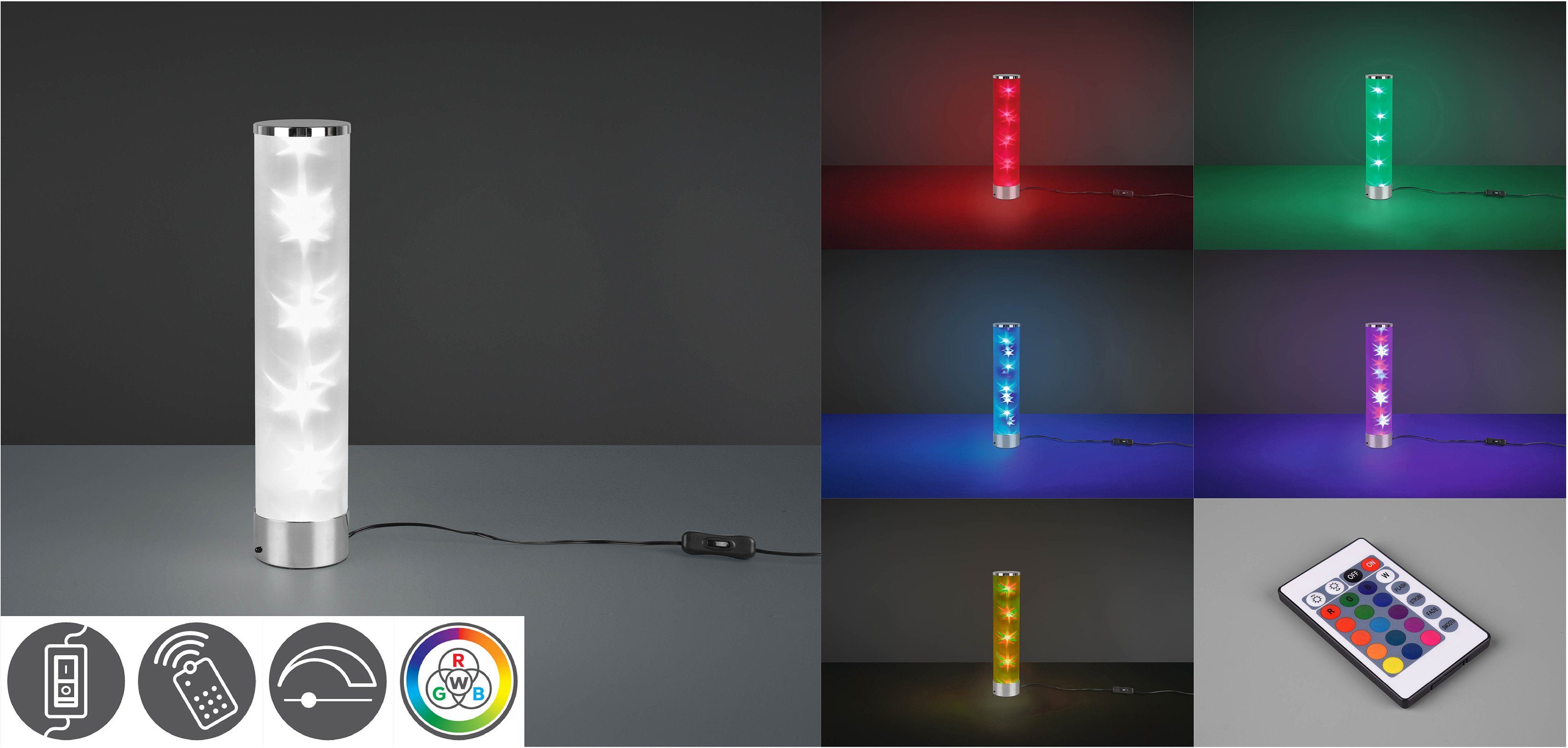 Funktion LED über Leuchten integriert, TRIO fest LED Warmweiß, Dimmer, Schnurschalter, RICO, Memory RGBW-Farbwechsler, Fernbedienung Tischleuchte