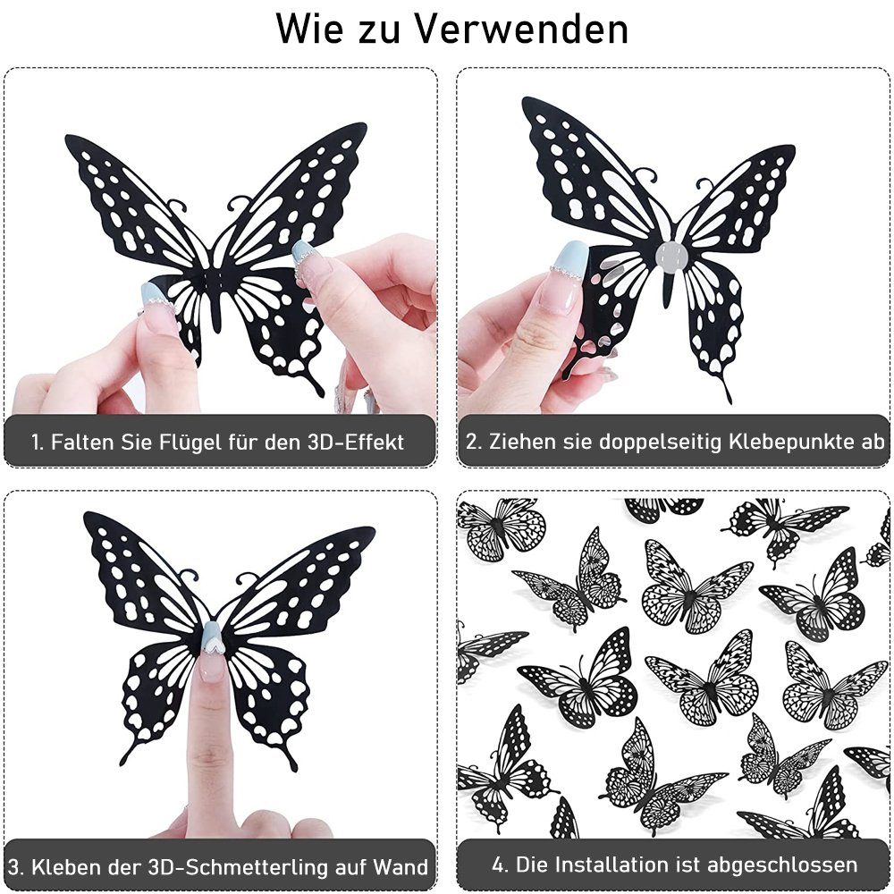 3D-Wandtattoo Arten 3 NUODWELL Wandaufkleber,4 Schwarz Schmetterling 48 3D Größe Aufkleber Deko Stück