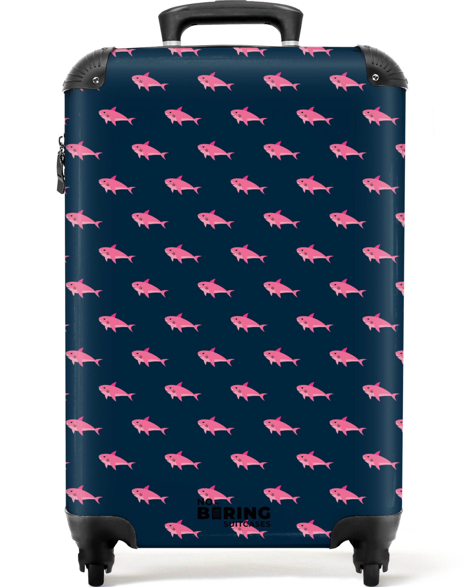 NoBoringSuitcases.com© Hartschalen-Trolley Blau mit rosa Hai-Aufdruck günstig online kaufen