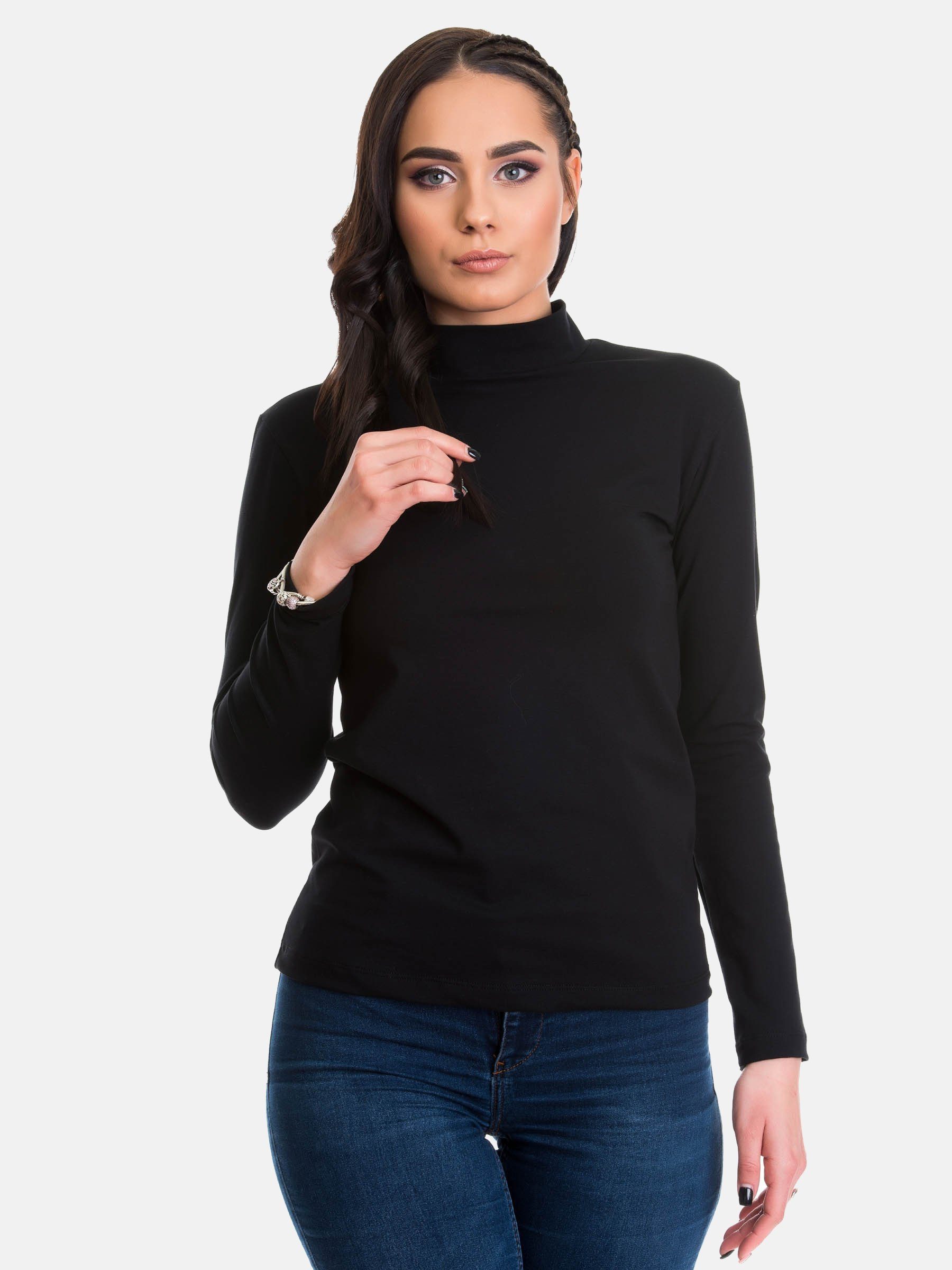 Baumwolle Halbkragen Langarmshirt Evoni schwarz Basic-Shirt