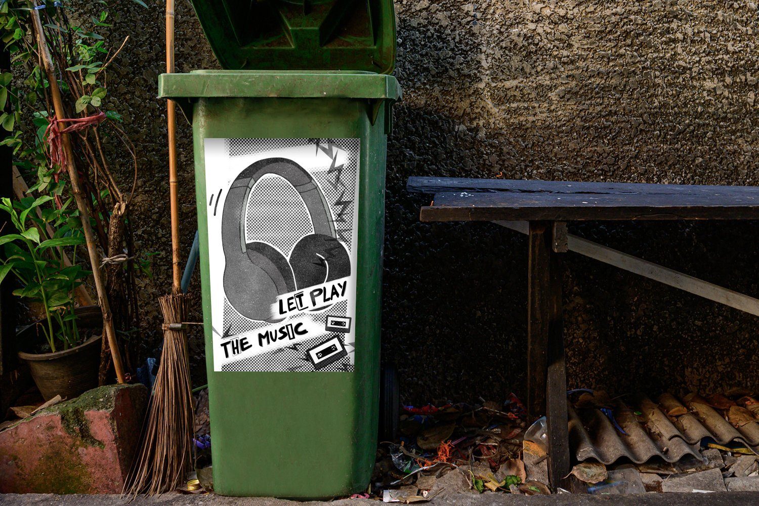 Mülltonne, MuchoWow Vintage-Poster Mülleimer-aufkleber, Sticker, Abfalbehälter Schwarz-weißes Kopfhörern Wandsticker St), mit Container, (1