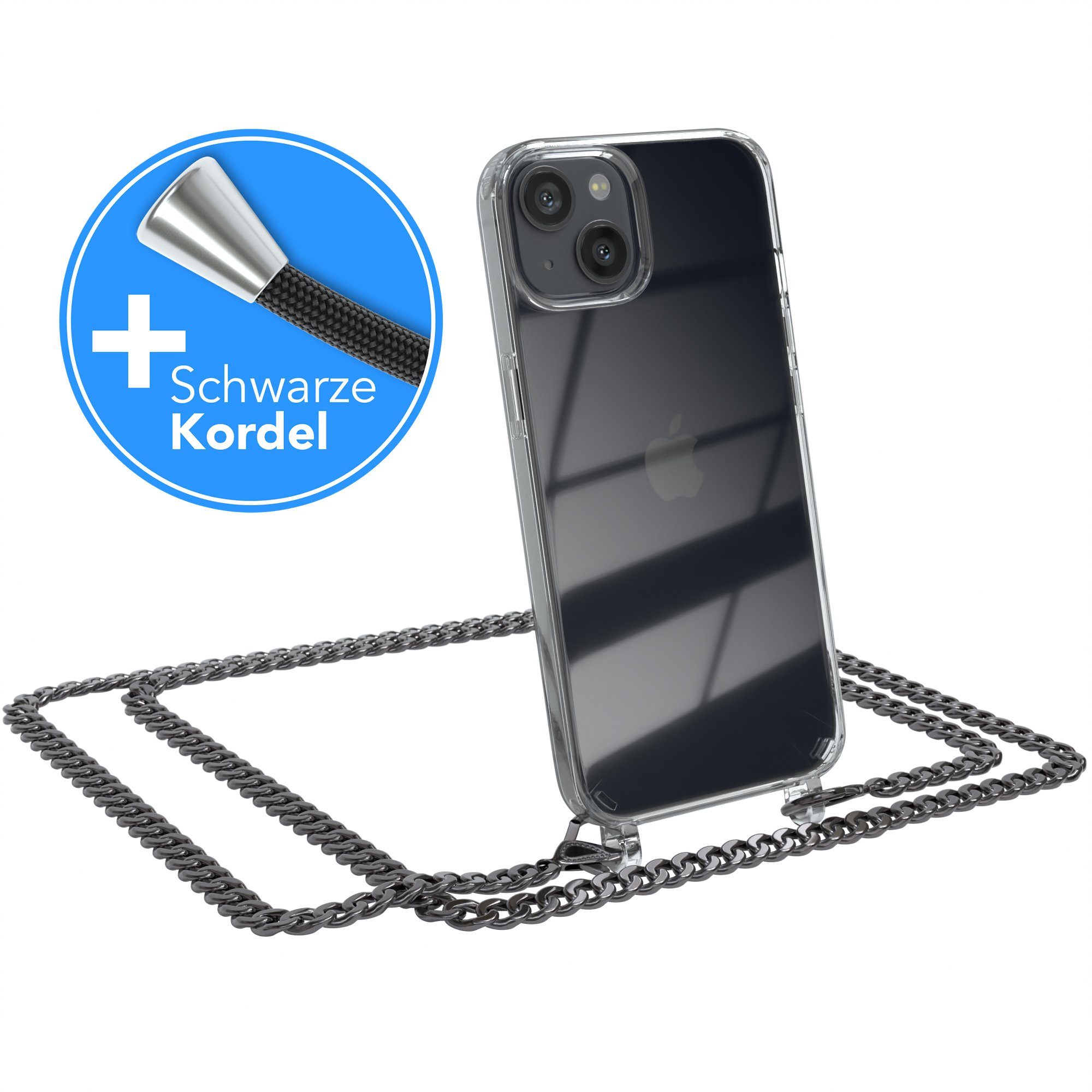 EAZY CASE Handykette 2in1 Metallkette für Apple iPhone 13 6,1 Zoll, Handykordel Kette zum Umhängen Cross Bag Schutzhülle Anthrazit Grau