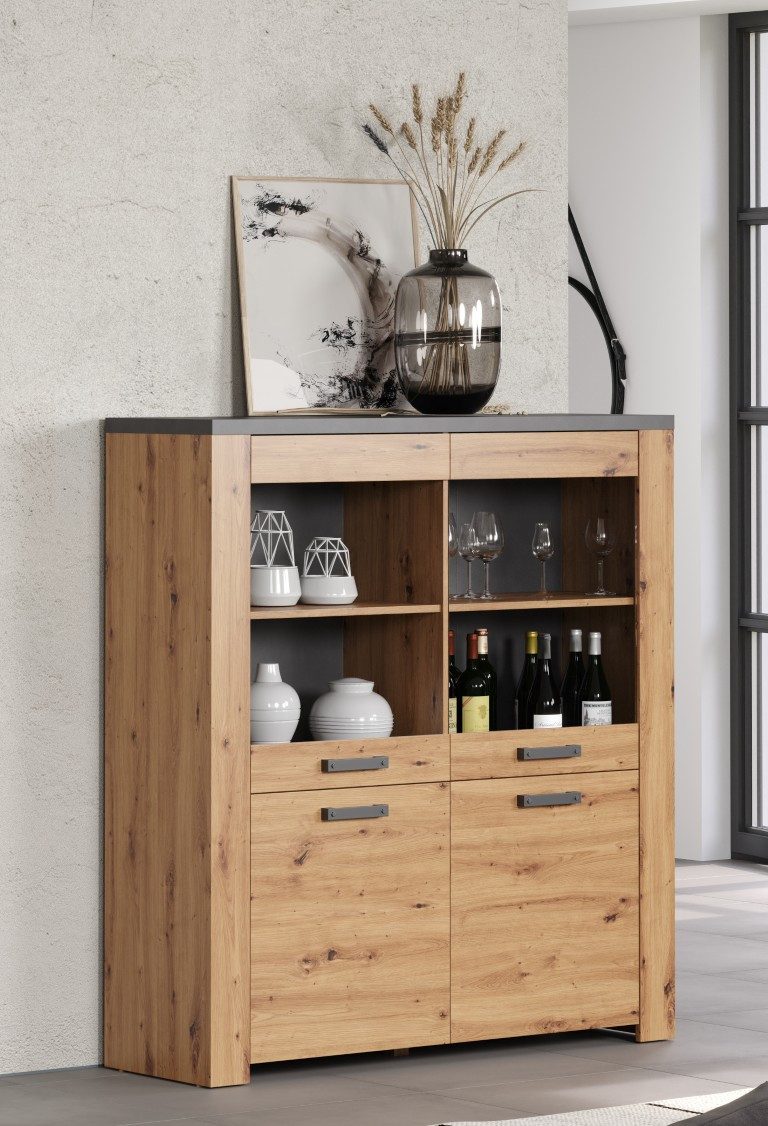 trendteam Vitrine Highboard Follow, Artisan Eiche / Matera grau ohne Beleuchtung (no-Set)