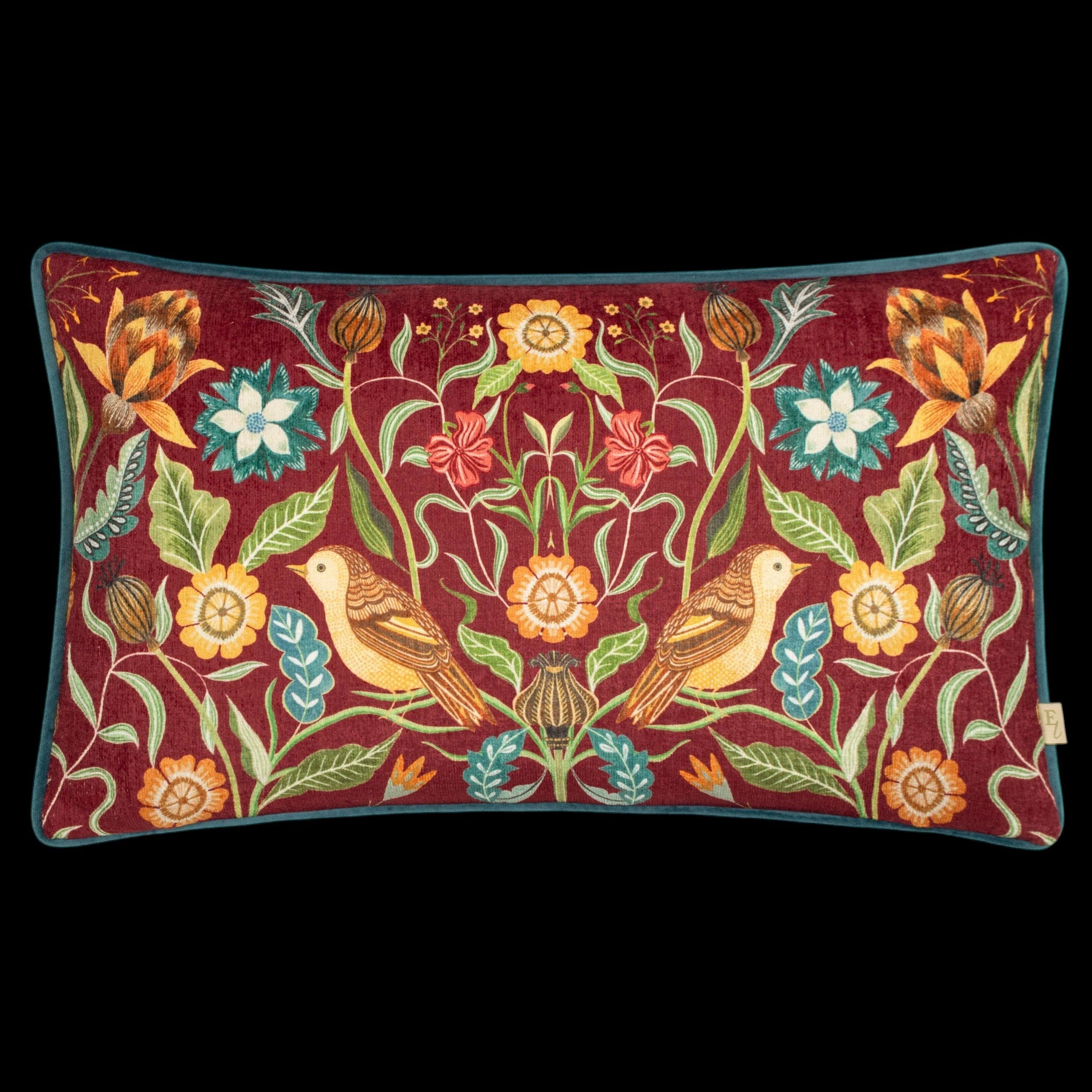 Riva Home Dekokissen Vintage Dekokissen „Hawthorn Birds“ 30x50 cm bordeaux mit Füllkissen