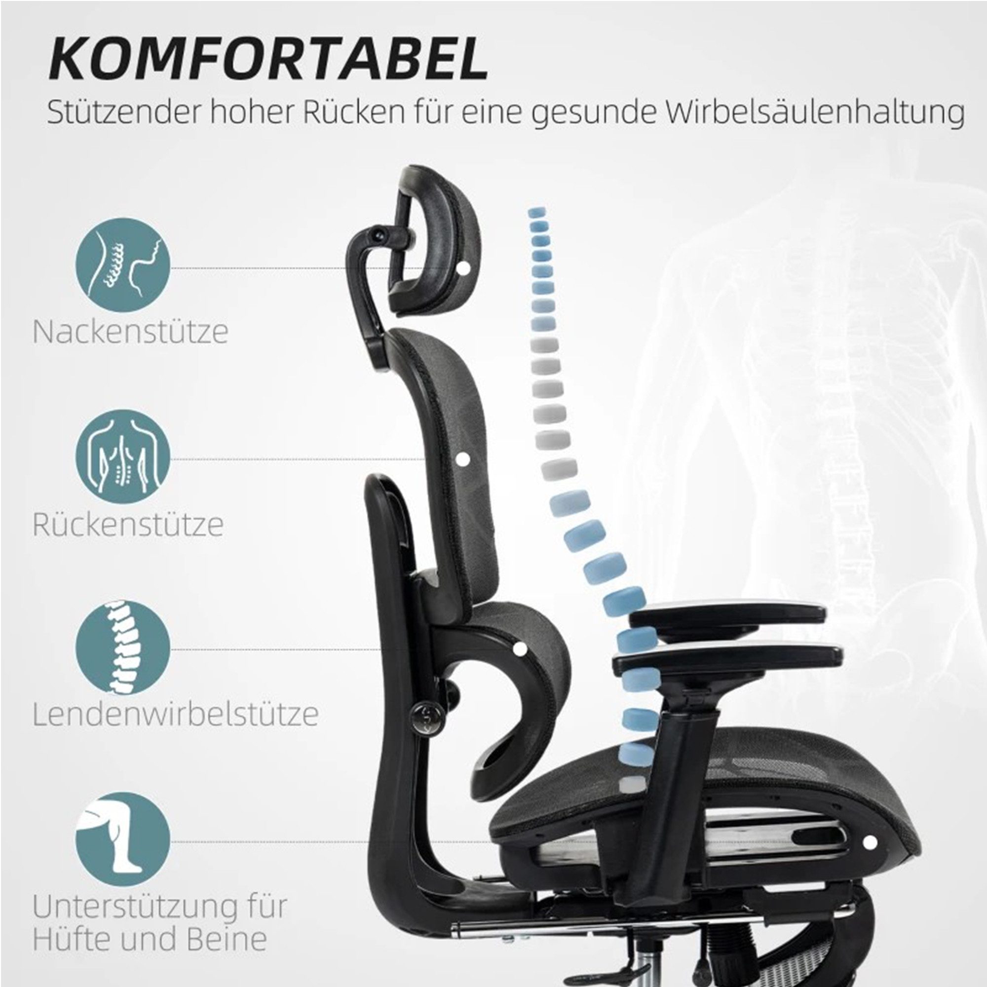 SeedWave Bürostuhl Ergonomisch mit Fußstütze, Verstellbarer Kopfstütze, 3D-Armelehnen, bis 120 kg, 135° Neigung der Rückenlehne, Adaptive Lordosenstütze