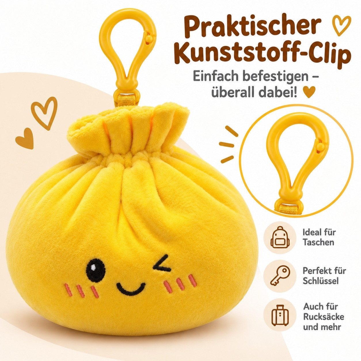 Bert Struis Gepäckanhänger Kawaii Dumpling Bagclip Taschenanhänger Schlüsselanhänger 12cm gelb (Set, 1-St., Geschenk-Set) Plüschanhänger mit niedlichem Kawaii-G – Bild 4 von 5